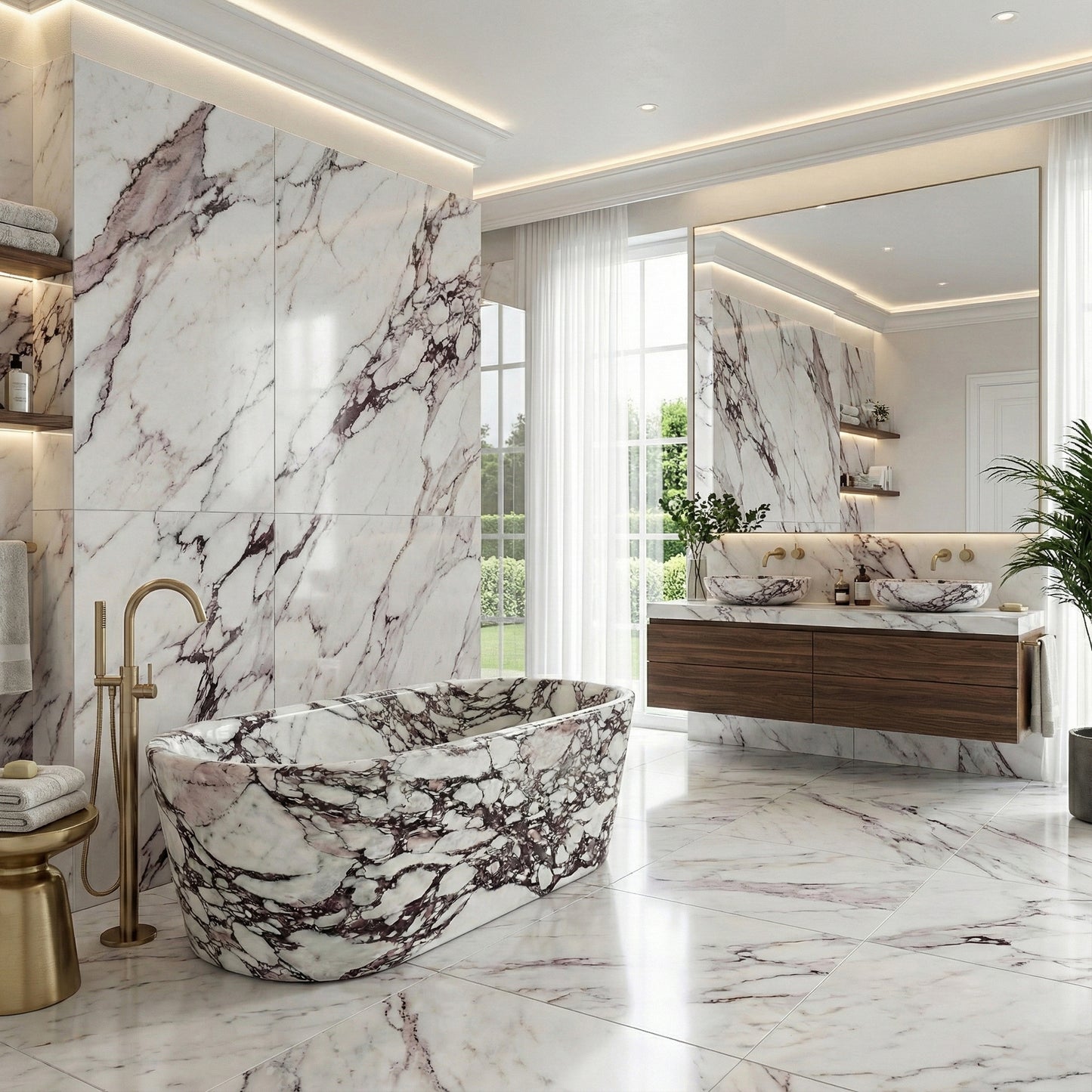Modern luxury bathroom interior featuring a centerpiece Calacatta Viola marble bathtub with matching floor and wall tiles, accented by gold floor-mounted faucets and a floating walnut vanity.