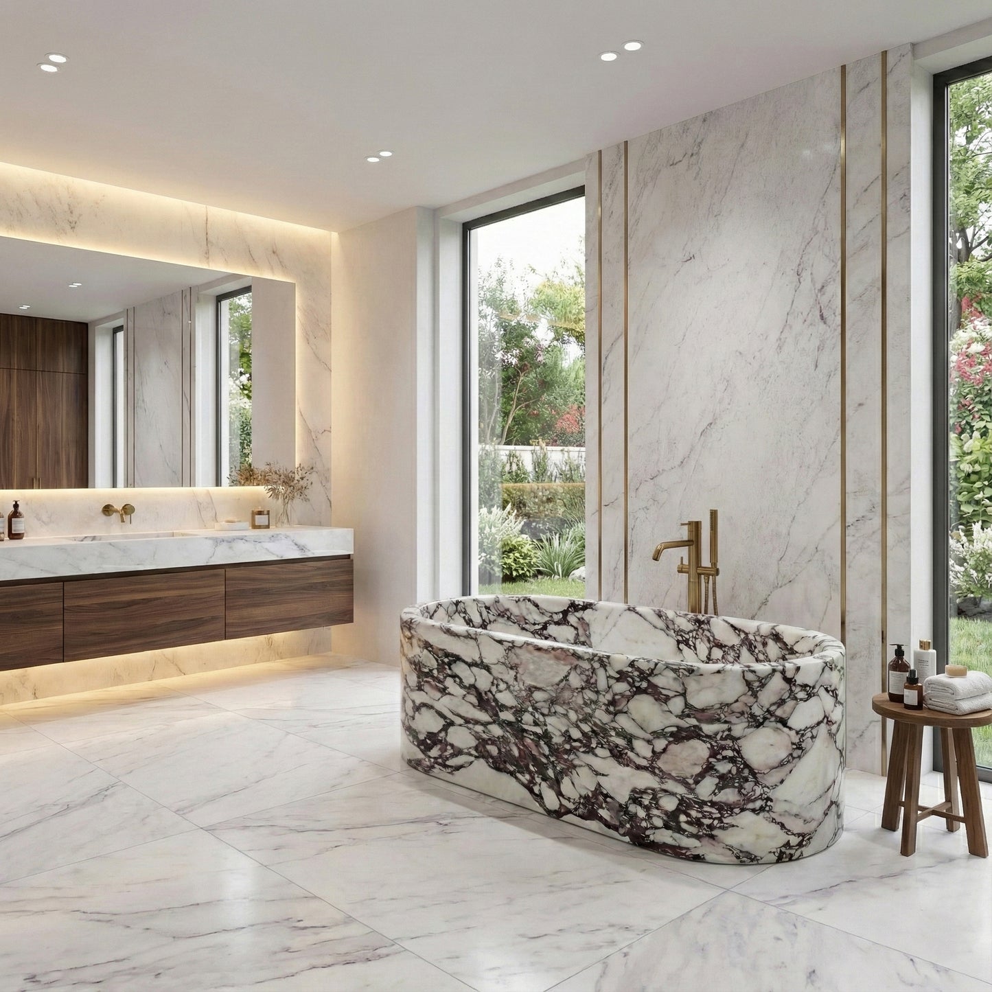 Modern luxury bathroom design featuring a statement Calacatta Viola marble bathtub, brushed brass floor-mounted filler, and floor-to-ceiling marble walls.