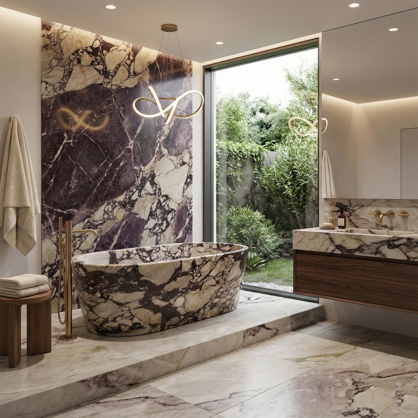 Luxury bathroom interior designed around a Calacatta Viola Extra marble bathtub, featuring a matching floor-mounted filler, large picture window with garden views, and a floating vanity.