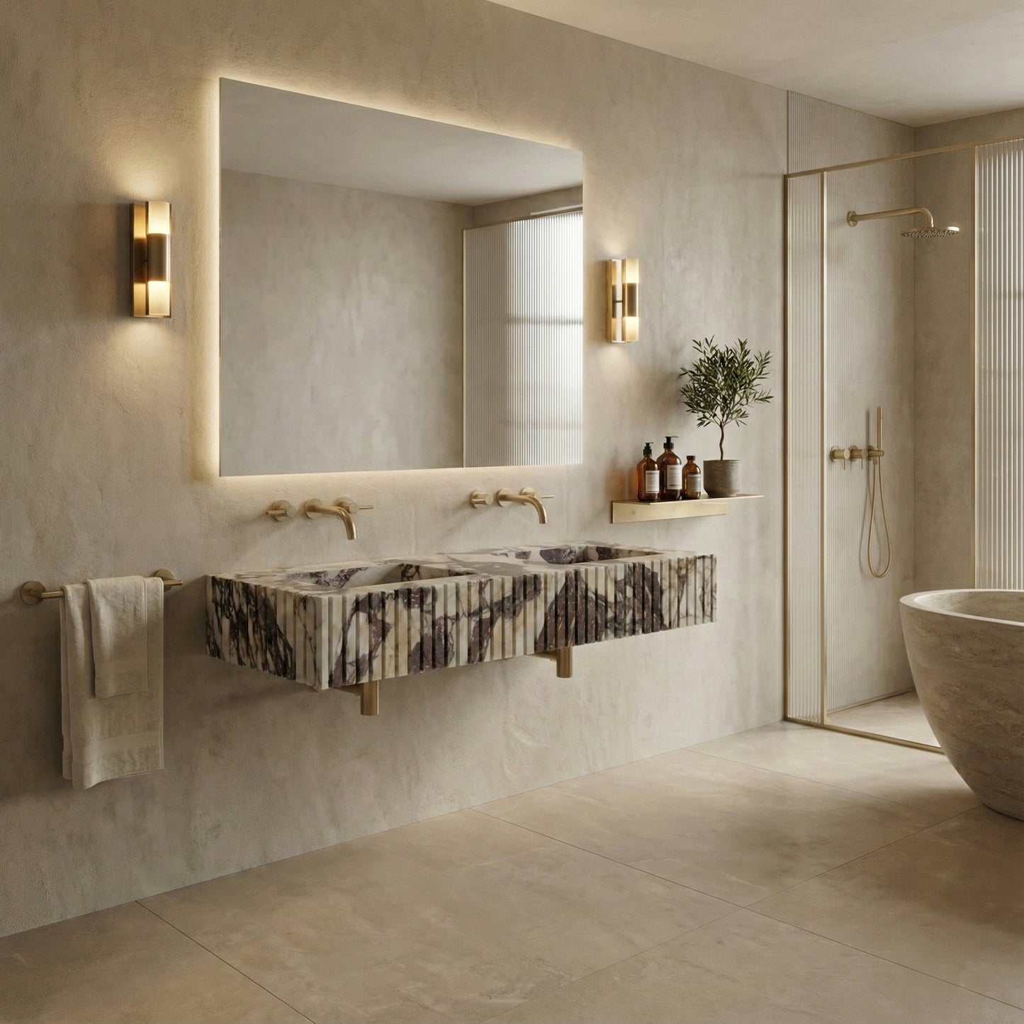 Modern luxury bathroom suite showcasing a wall-mounted Calacatta Viola Extra fluted sink, large backlit mirror, and brushed gold wall sconces.