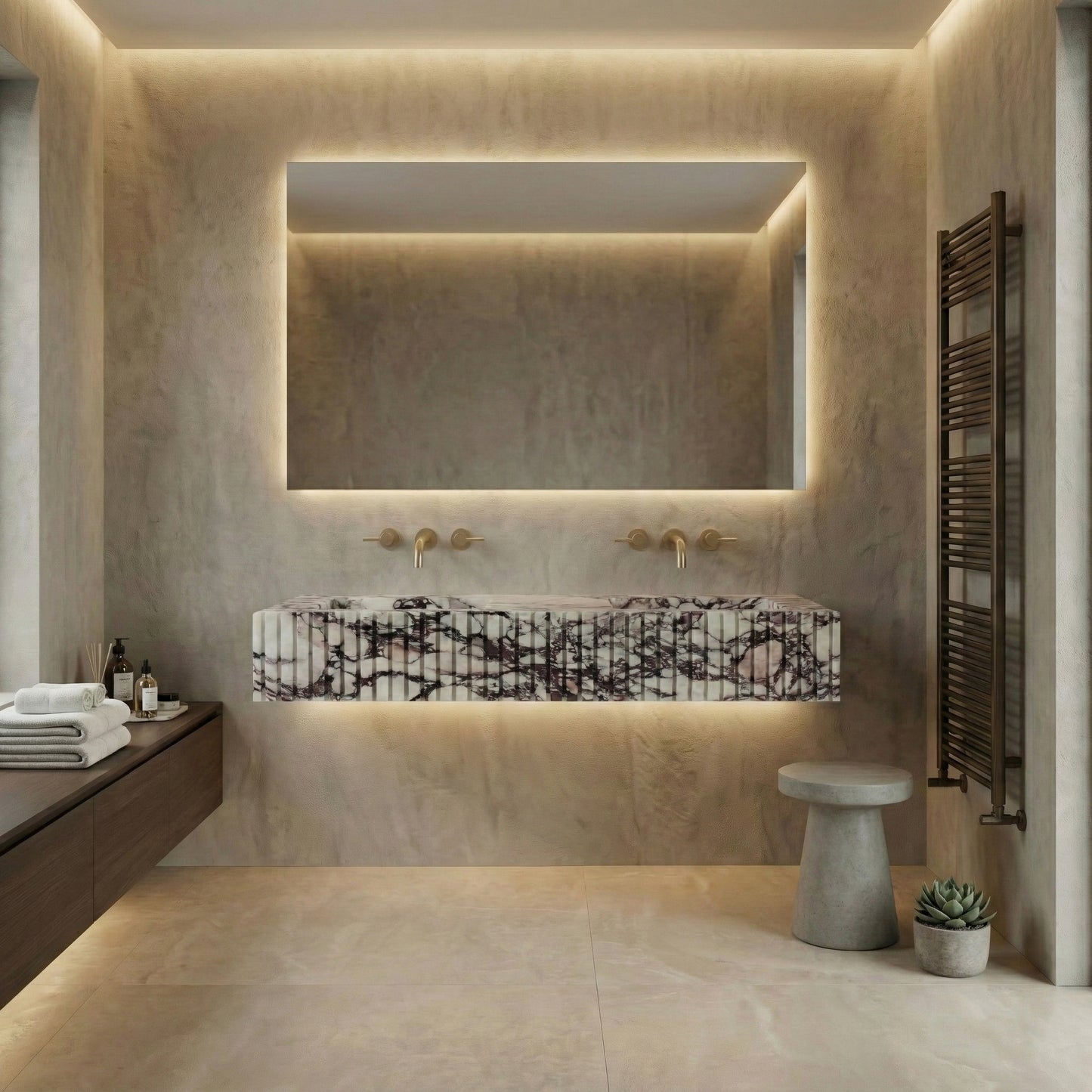 Modern minimalist powder room designed with a backlit fluted Calacatta Viola marble sink, large rectangular mirror, and concrete wall textures.