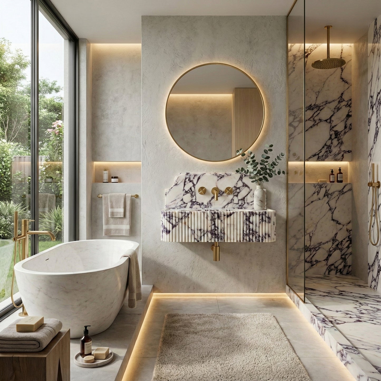 Opulent luxury bathroom suite featuring a Calacatta Viola marble sink with backsplash, matching stone shower base, and a freestanding soaking tub by a large window.