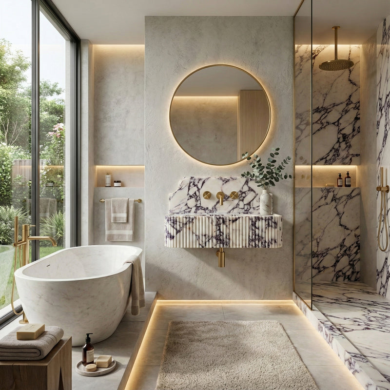 Opulent luxury bathroom suite featuring a Calacatta Viola marble sink with backsplash, matching stone shower base, and a freestanding soaking tub by a large window.
