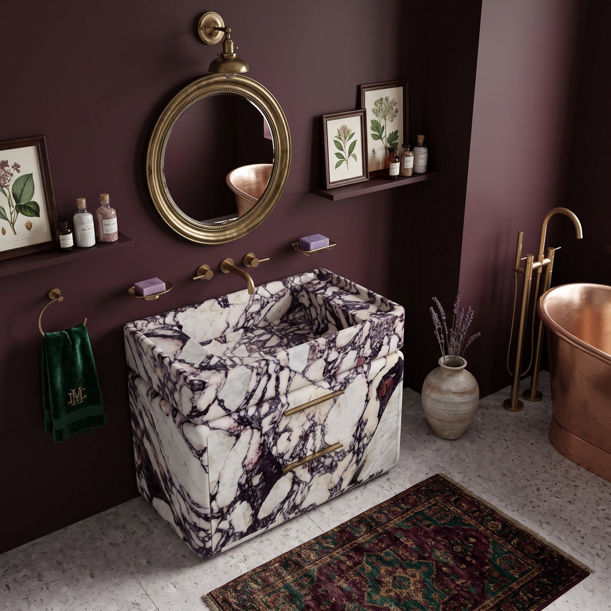 Moody luxury powder room interior featuring the curved Calacatta Viola marble double-drawer vanity set against deep aubergine walls, accented by an ornate round brass mirror, wall-mounted brass faucet, framed botanical art, a copper soaking tub, and an antique patterned runner on terrazzo flooring.
