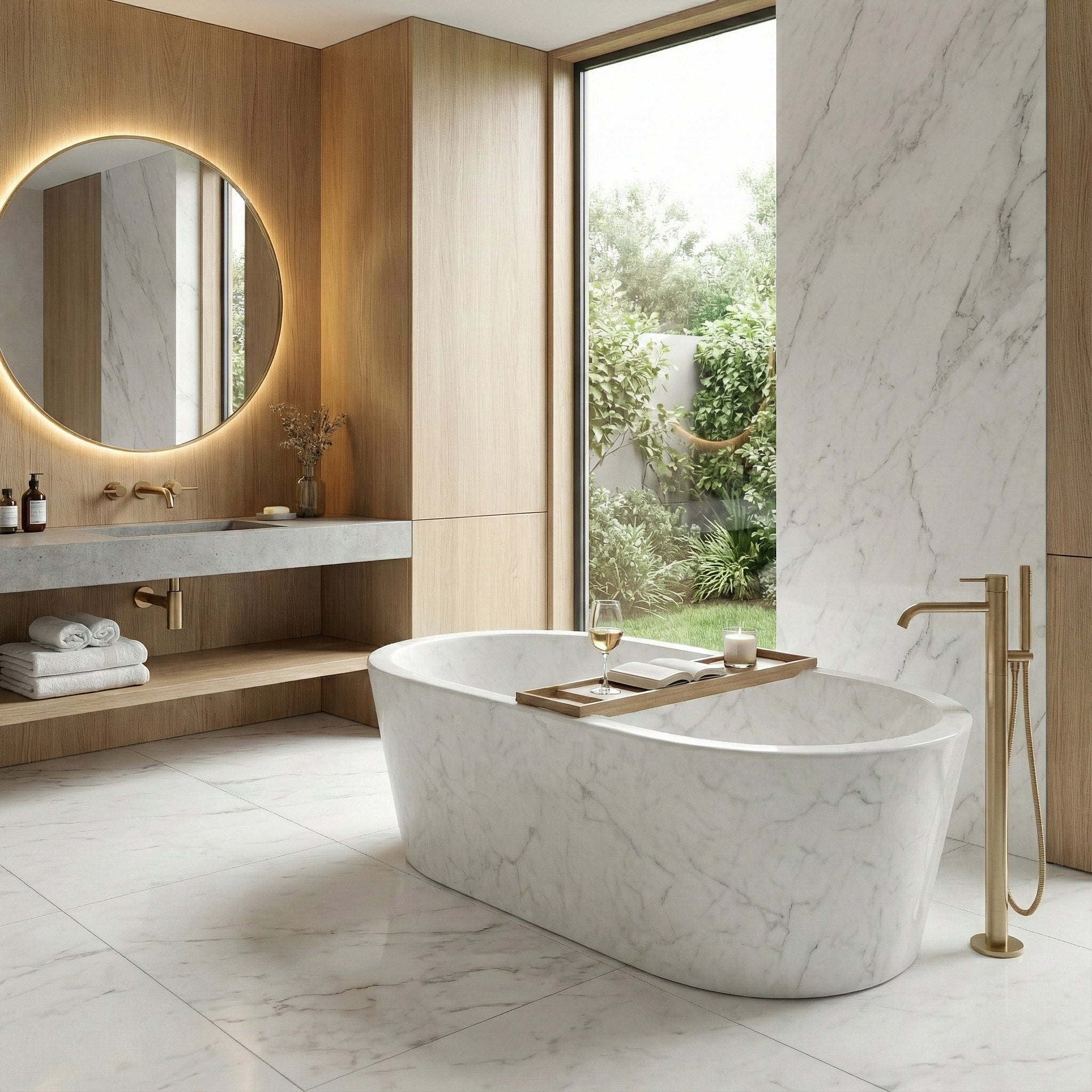 Modern organic bathroom design centered on a white Carrara marble tub, accented by light oak wood paneling, a backlit mirror, and brushed gold floor-mounted fillers.