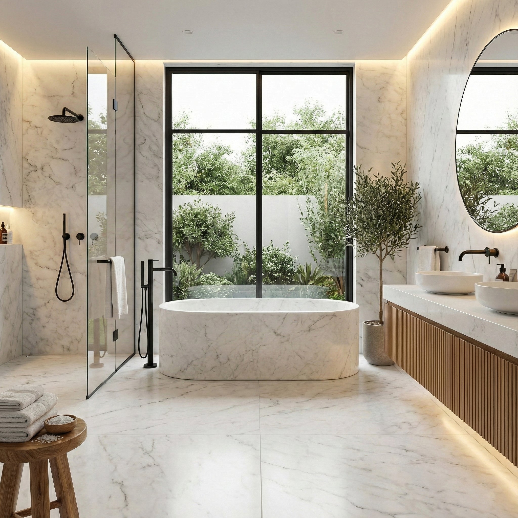 Bright, luxury bathroom featuring a freestanding Carrara marble bathtub, floor-to-ceiling marble tiling, and a warm wood vanity with double vessel sinks.
