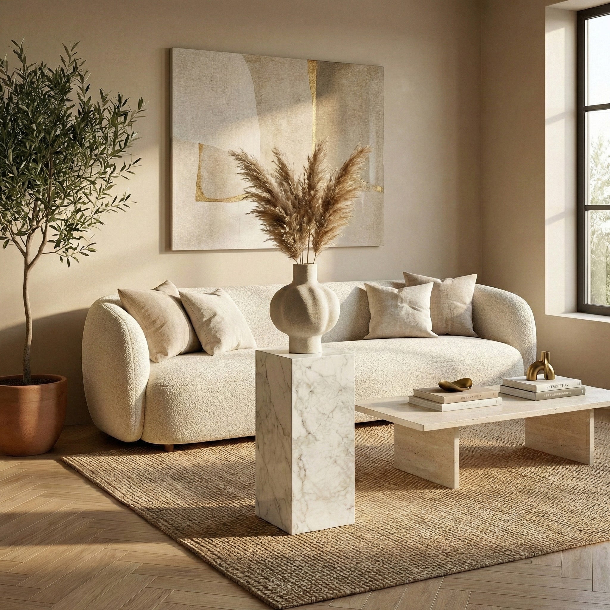 A sun-drenched modern living room featuring a Carrara marble pedestal stand topped with a vase and pampas grass, centered between a white curved sofa and a travertine coffee table.