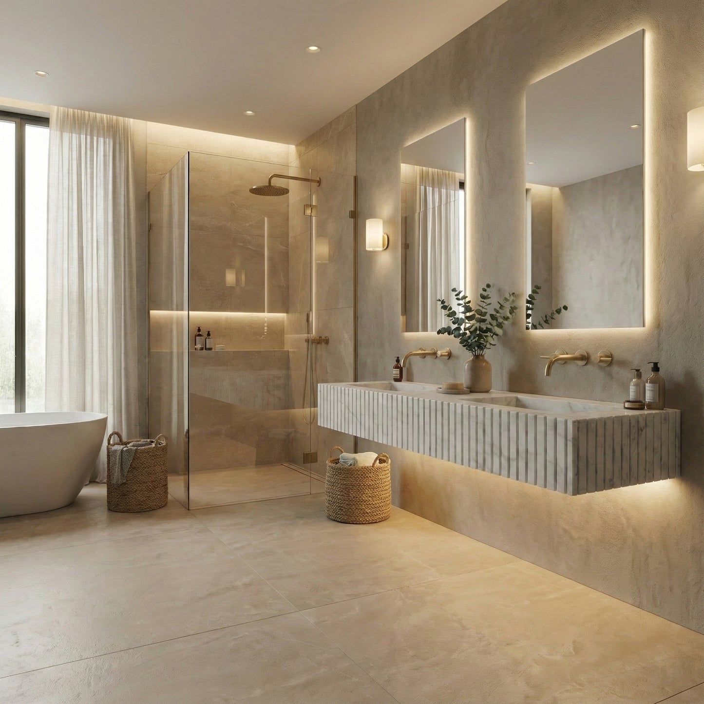 Modern minimalist bathroom featuring a wall-mounted fluted Carrara marble double sink with backlit accent lighting and wall-mounted brass faucets.