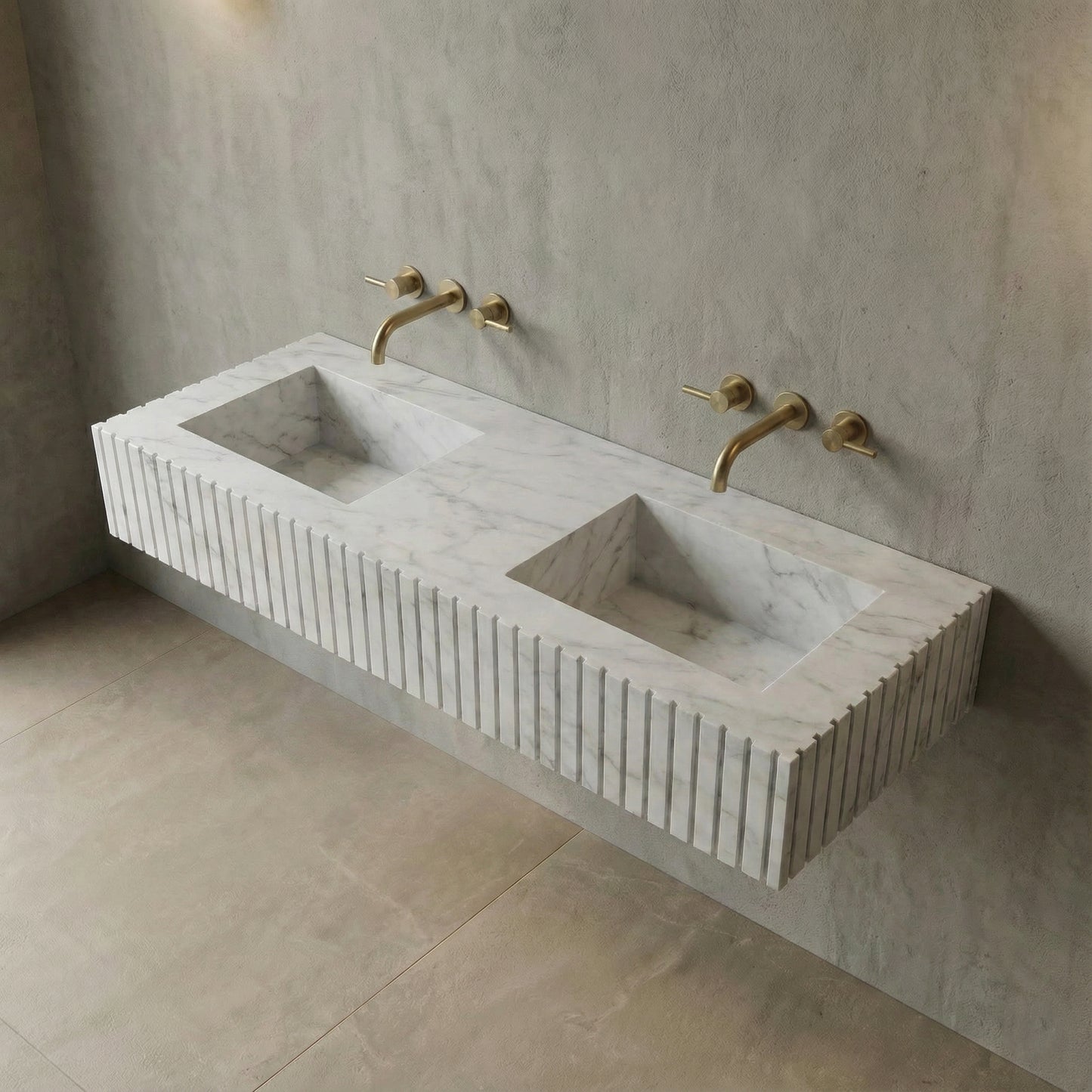 High-angle view of a fluted White Carrara marble sink showing the sleek rectangular integrated basins and subtle soft grey natural stone veining.