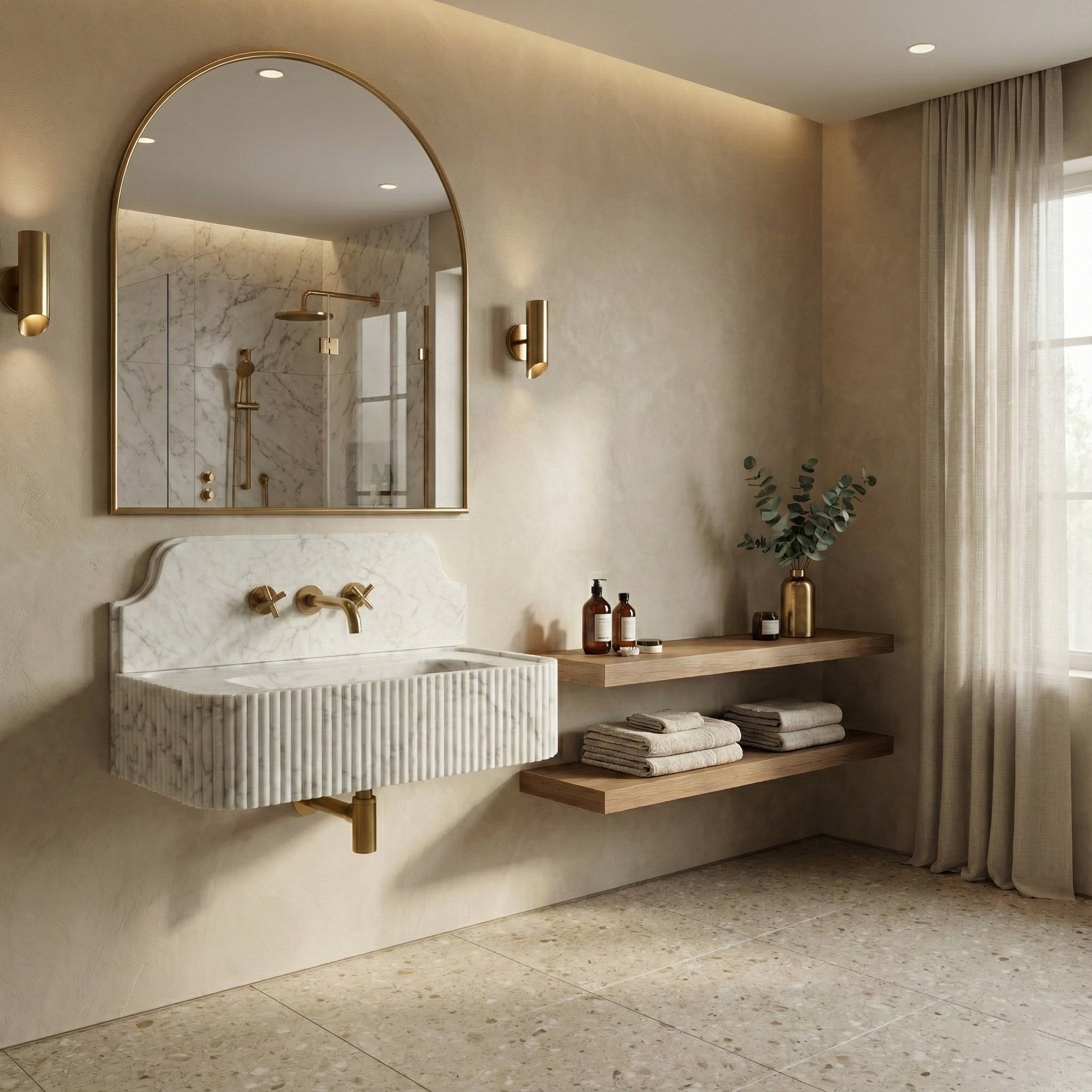 Minimalist luxury bathroom featuring a Carrara marble sink with backsplash, paired with an arched mirror, floating wood shelves, and terrazzo flooring.