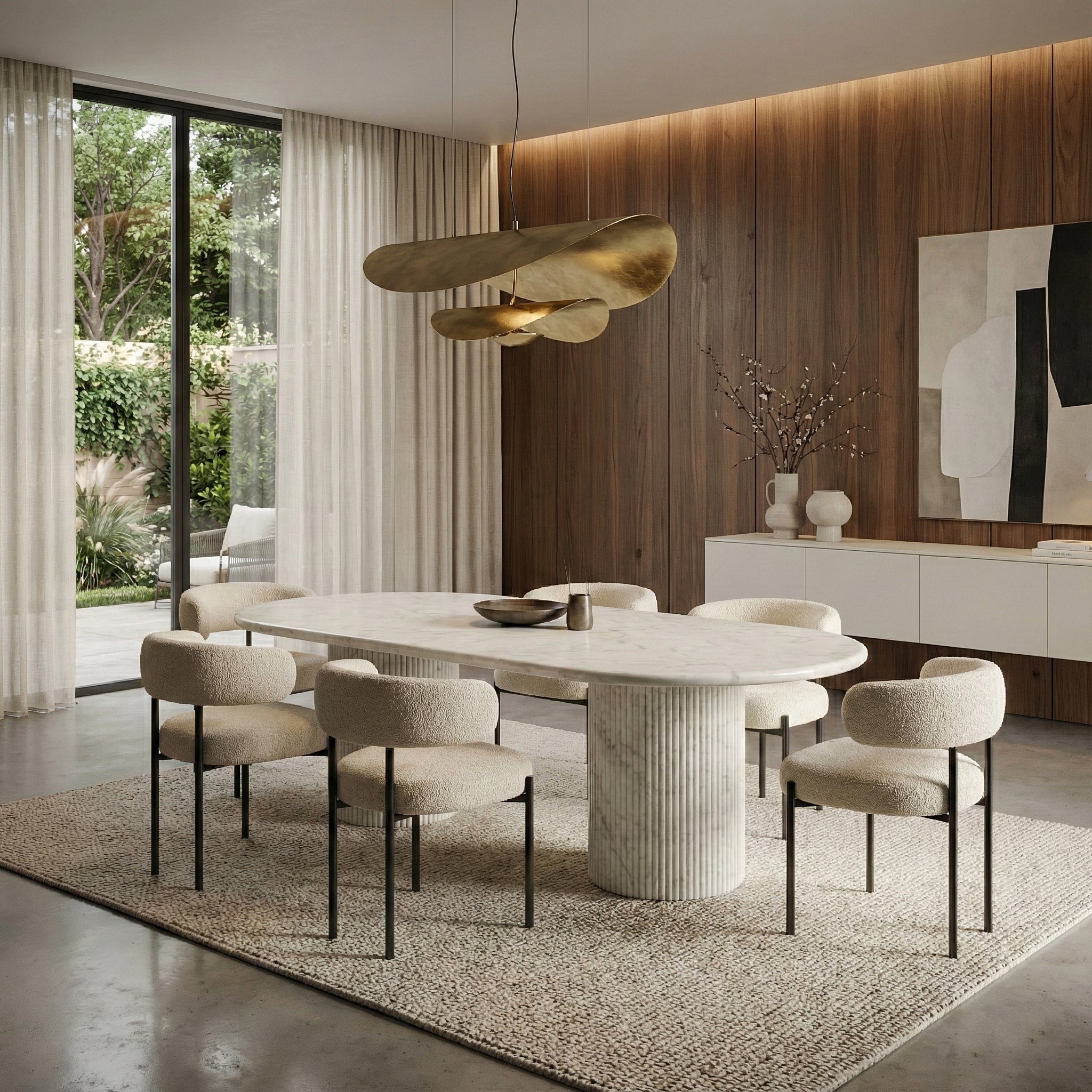 Minimalist modern dining room centered on an oval Carrara marble table, paired with textured boucle chairs, a sculptural brass pendant light, and warm wood paneling.