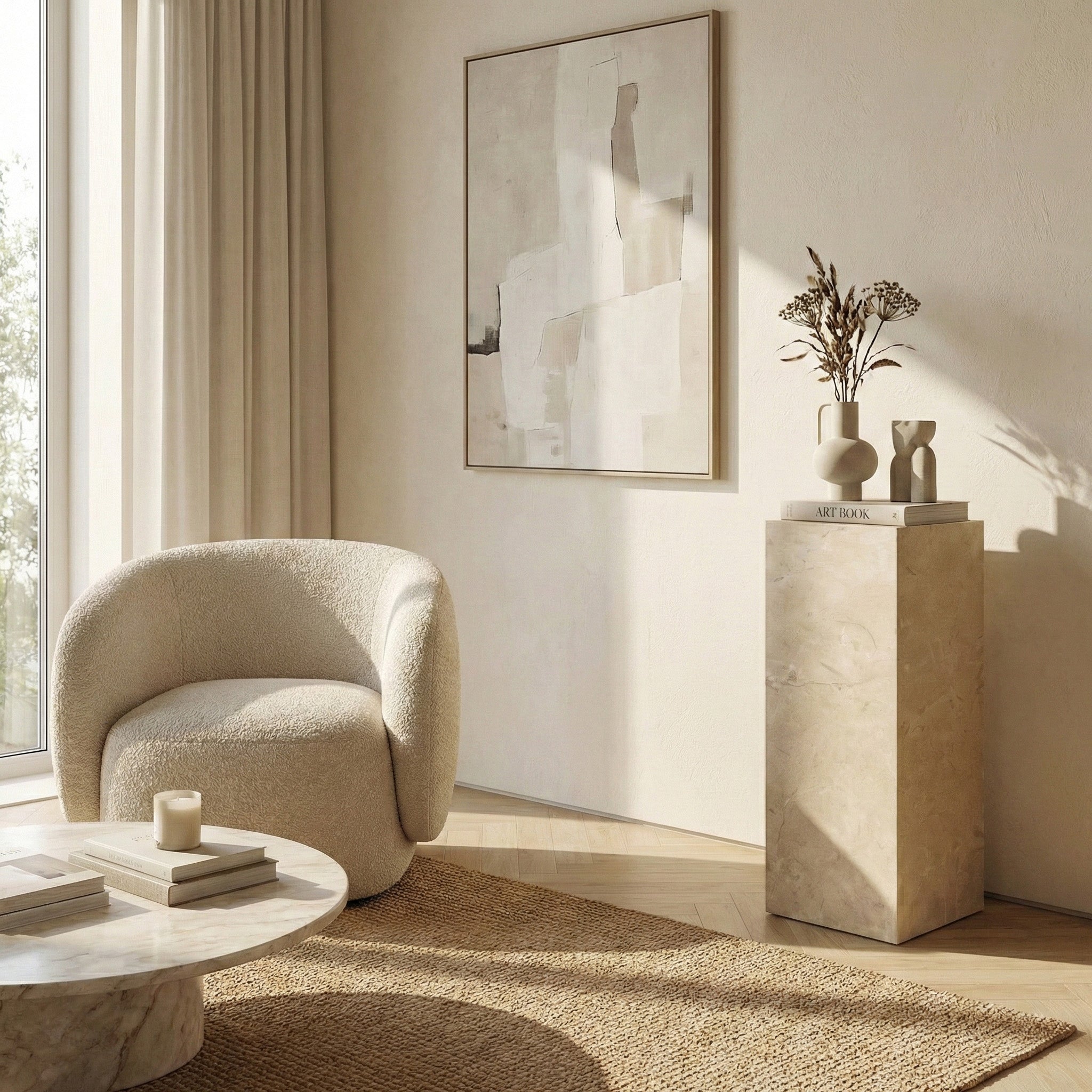 A serene, tonally decorated living room featuring a Crema Marfil marble pedestal stand topped with a small vase and an art book, positioned near a curved boucle armchair.