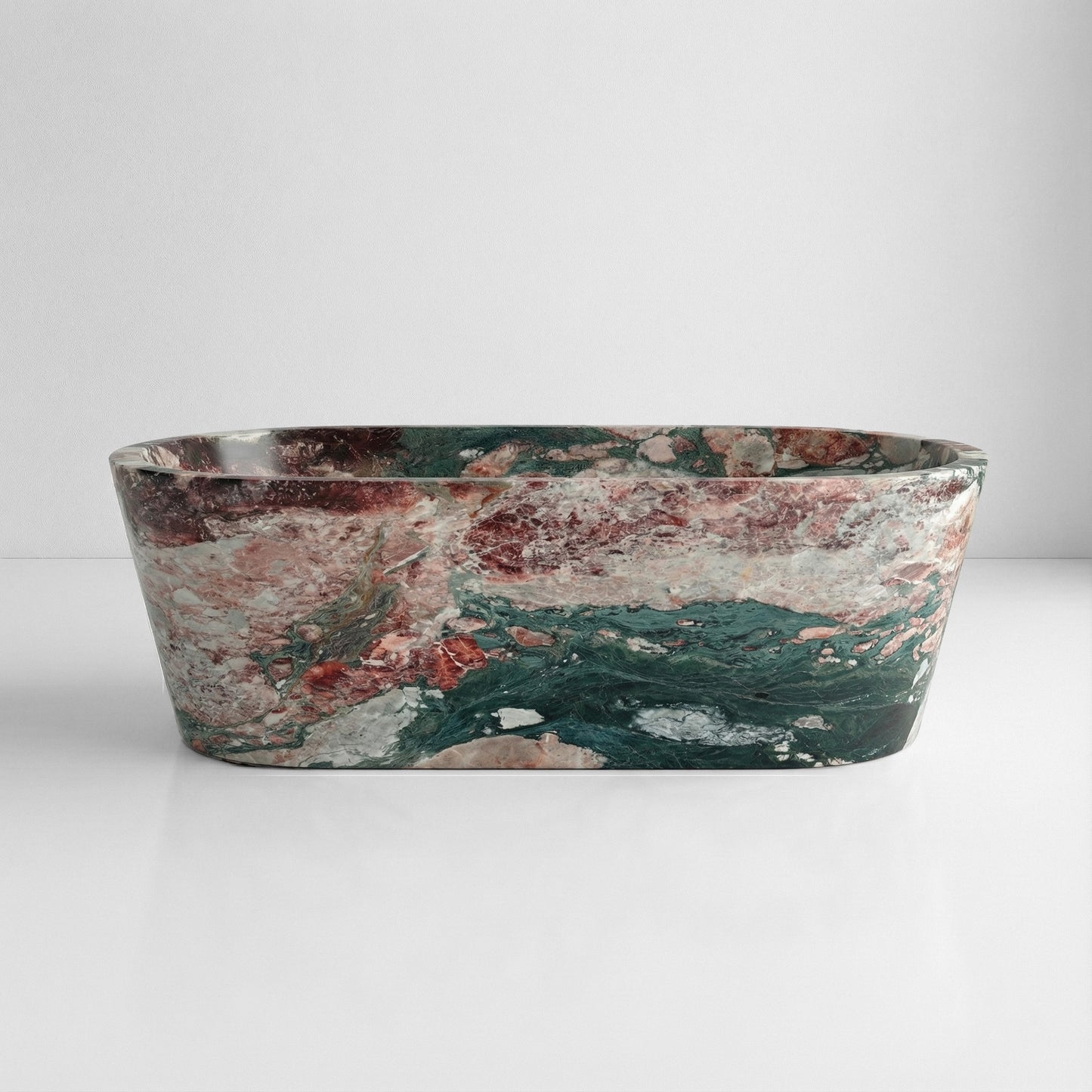 Front profile of a vibrant Four Seasons marble bathtub featuring a rich kaleidoscope of forest green, deep purple, and rust-orange natural stone patterns.