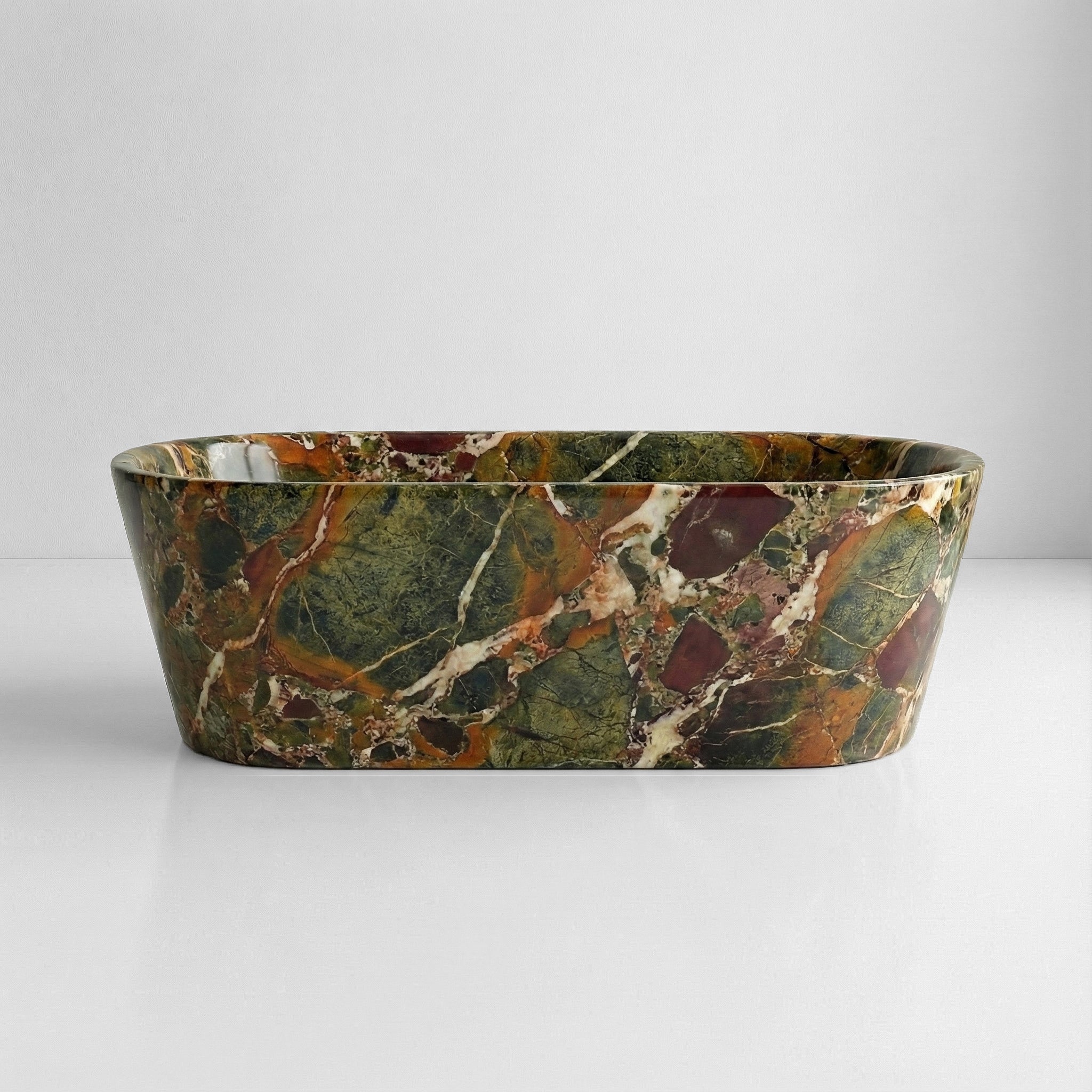 Front profile of a vibrant Four Seasons marble bathtub featuring a rich kaleidoscope of forest green, deep purple, and rust-orange natural stone patterns.
