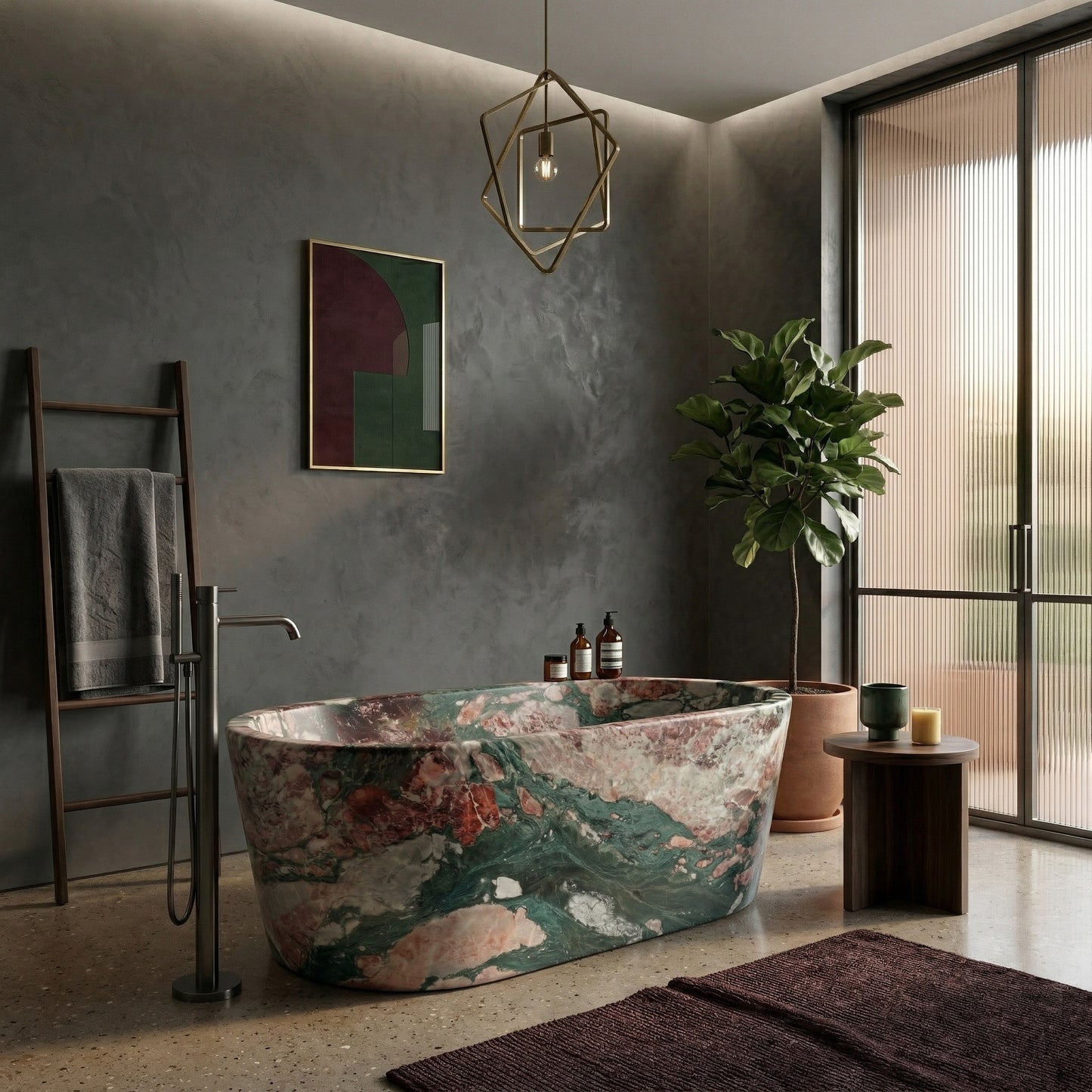 Luxury high-rise bathroom suite featuring a statement Four Seasons marble bathtub, floor-to-ceiling windows with city skyline views, and brushed gold fixtures.