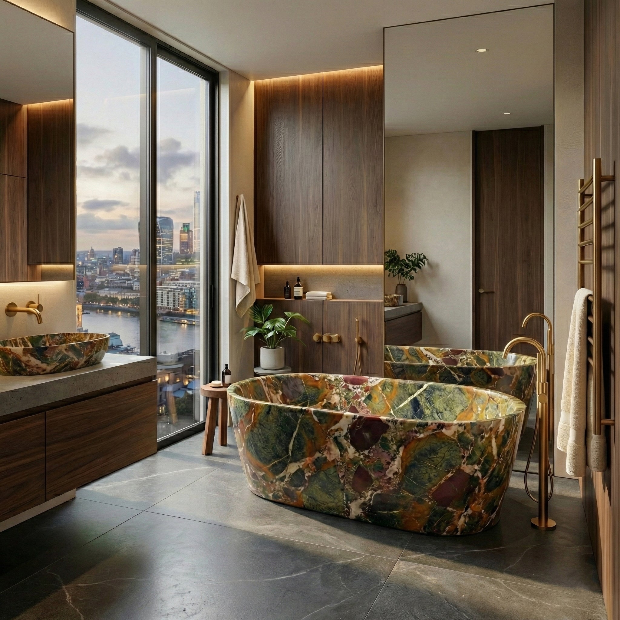 Luxury high-rise bathroom suite featuring a statement Four Seasons marble bathtub, floor-to-ceiling windows with city skyline views, and brushed gold fixtures.