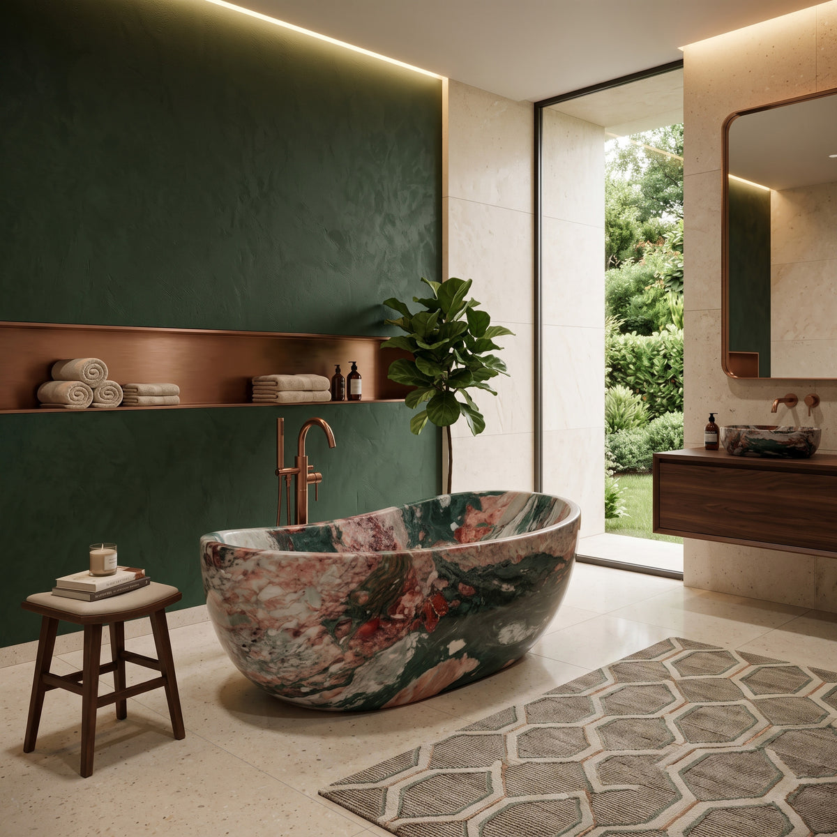 Lush contemporary master bathroom interior featuring the freestanding Four Seasons marble wave bathtub paired with a floor-mounted brushed copper tub filler, a rich emerald-green accent wall with recessed niche lighting, a geometric rug, and a matching stone vessel sink.