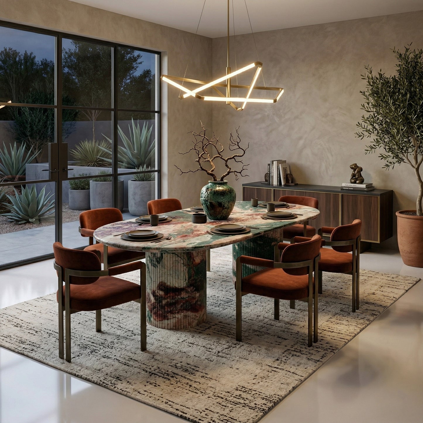 Eclectic luxury dining room centered on a Four Seasons marble table, paired with grey velvet dining chairs, a sculptural glass chandelier, and floor-to-ceiling windows.