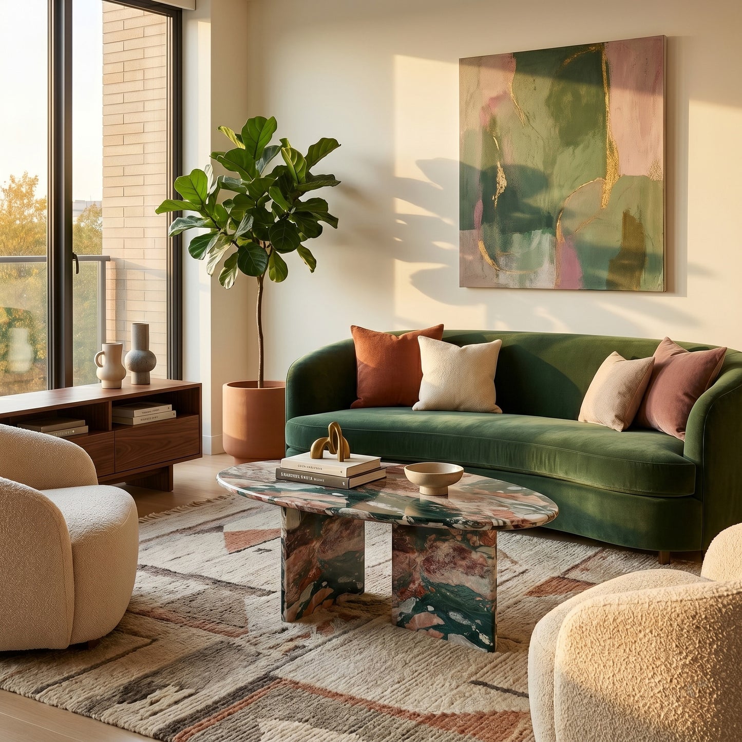 Contemporary living room interior showcasing a vibrant Four Seasons marble coffee table as a centerpiece, paired with a green velvet sofa and abstract wall art.