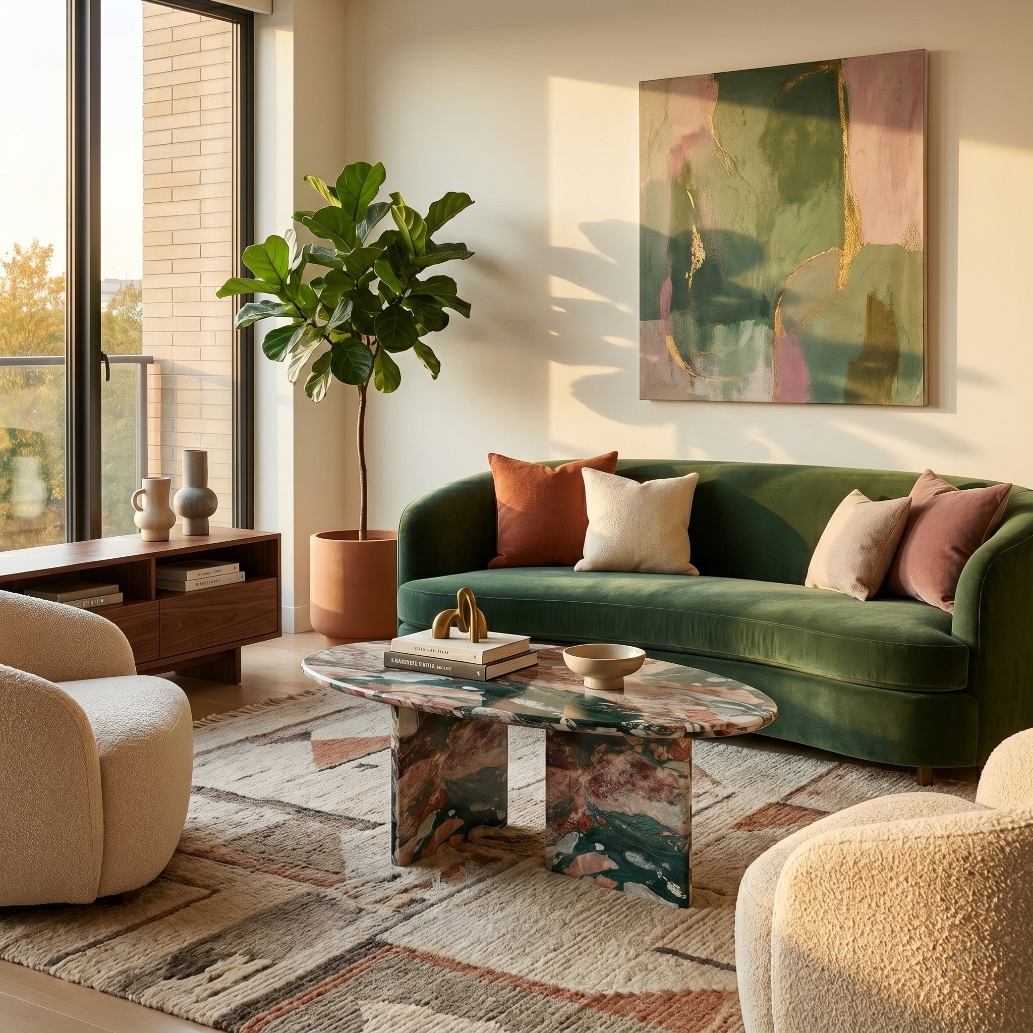 Contemporary living room interior showcasing a vibrant Four Seasons marble coffee table as a centerpiece, paired with a green velvet sofa and abstract wall art.