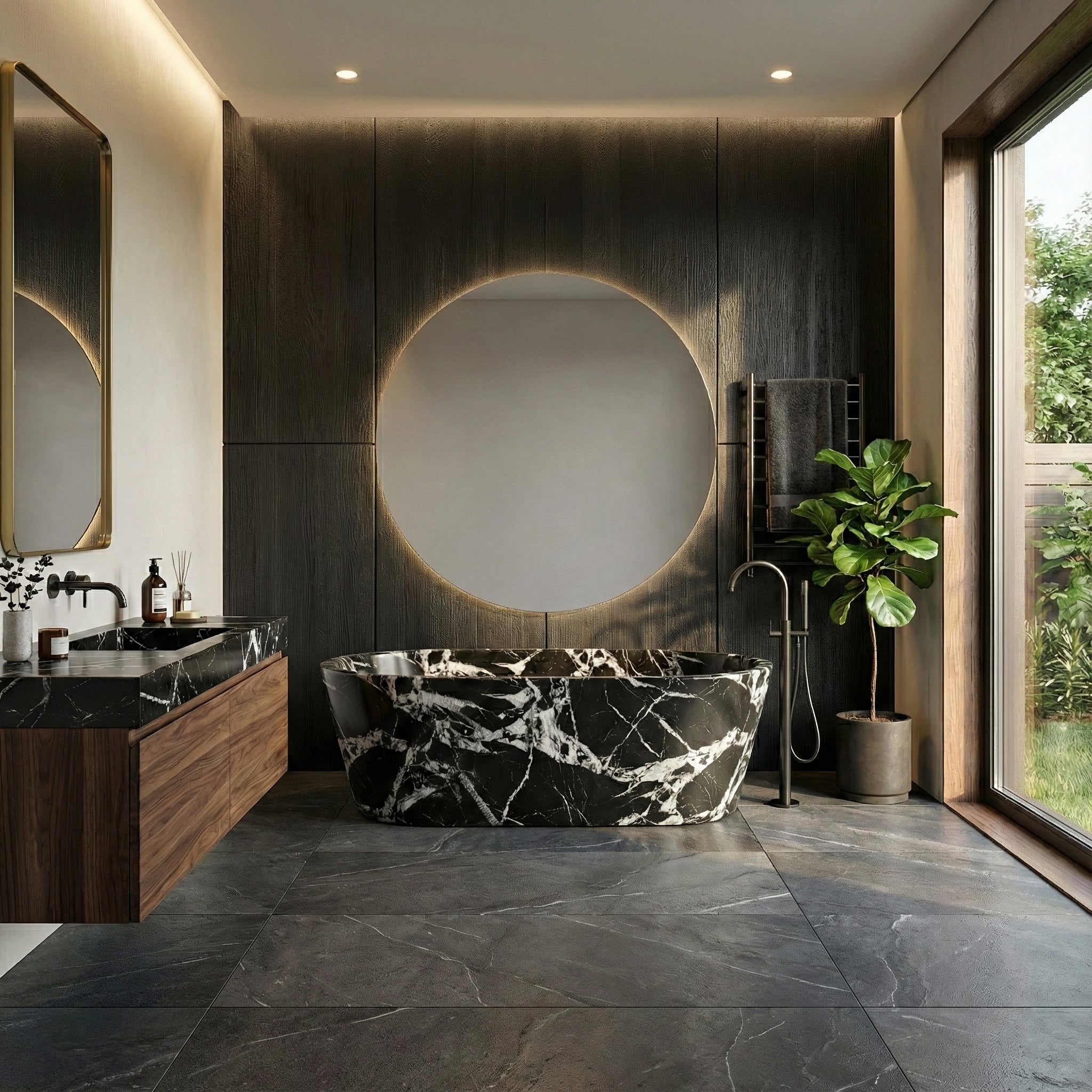 Moody luxury bathroom suite centered around a Grand Antique marble tub, featuring dark stone walls, a backlit circular mirror, and a walnut vanity.