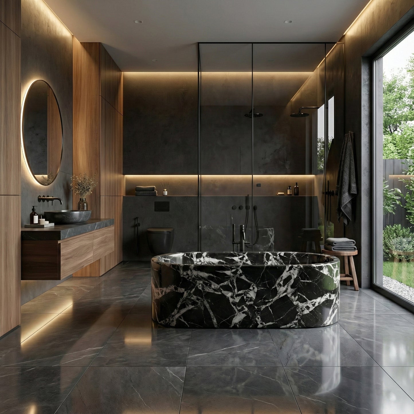 Moody modern bathroom design centering a Grand Antique marble bathtub, surrounded by dark grey stone tiles, floating wood vanity, and warm backlit mirrors.