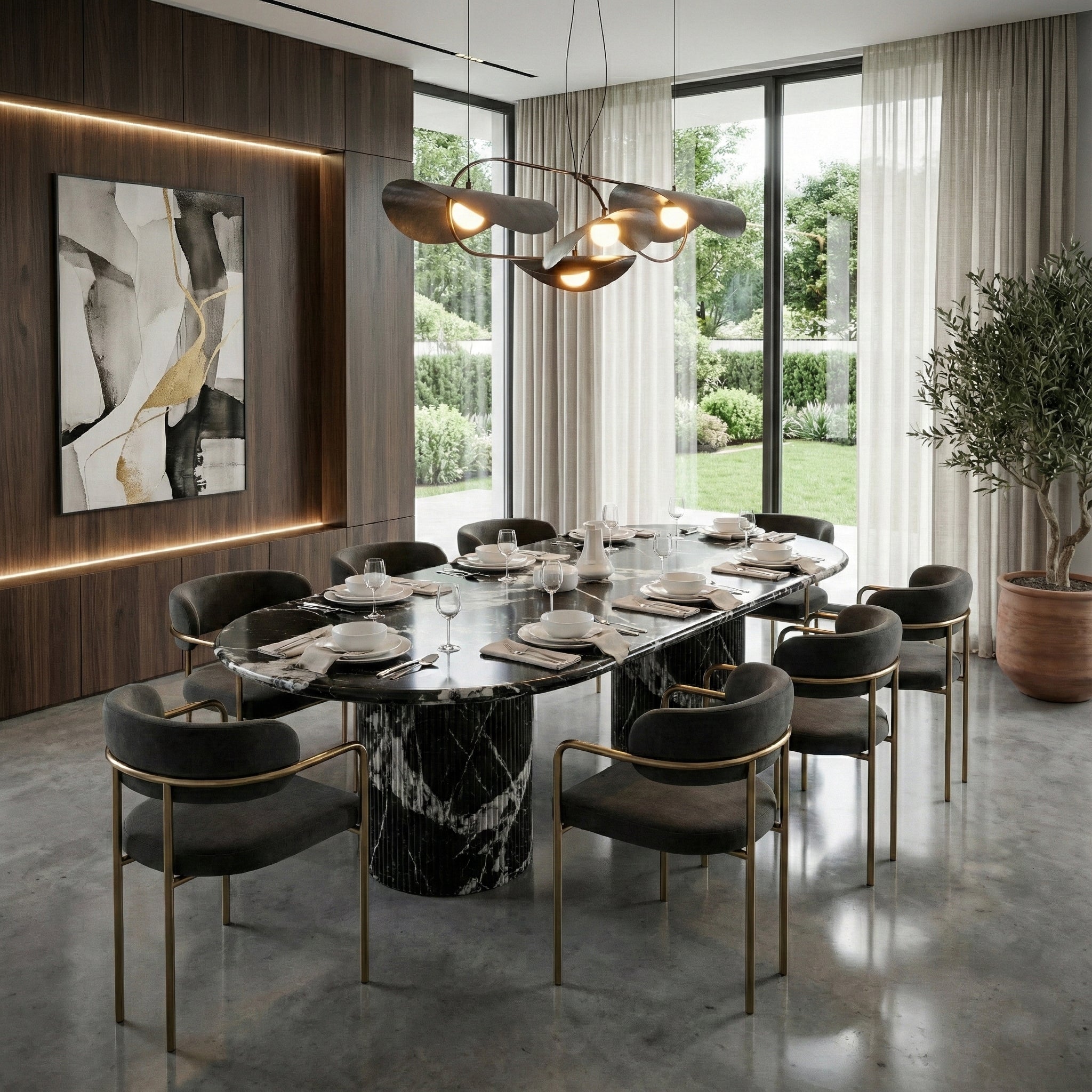 Luxury modern dining room featuring a Grand Antique marble oval table, paired with dark velvet chairs, gold accents, and floor-to-ceiling windows.
