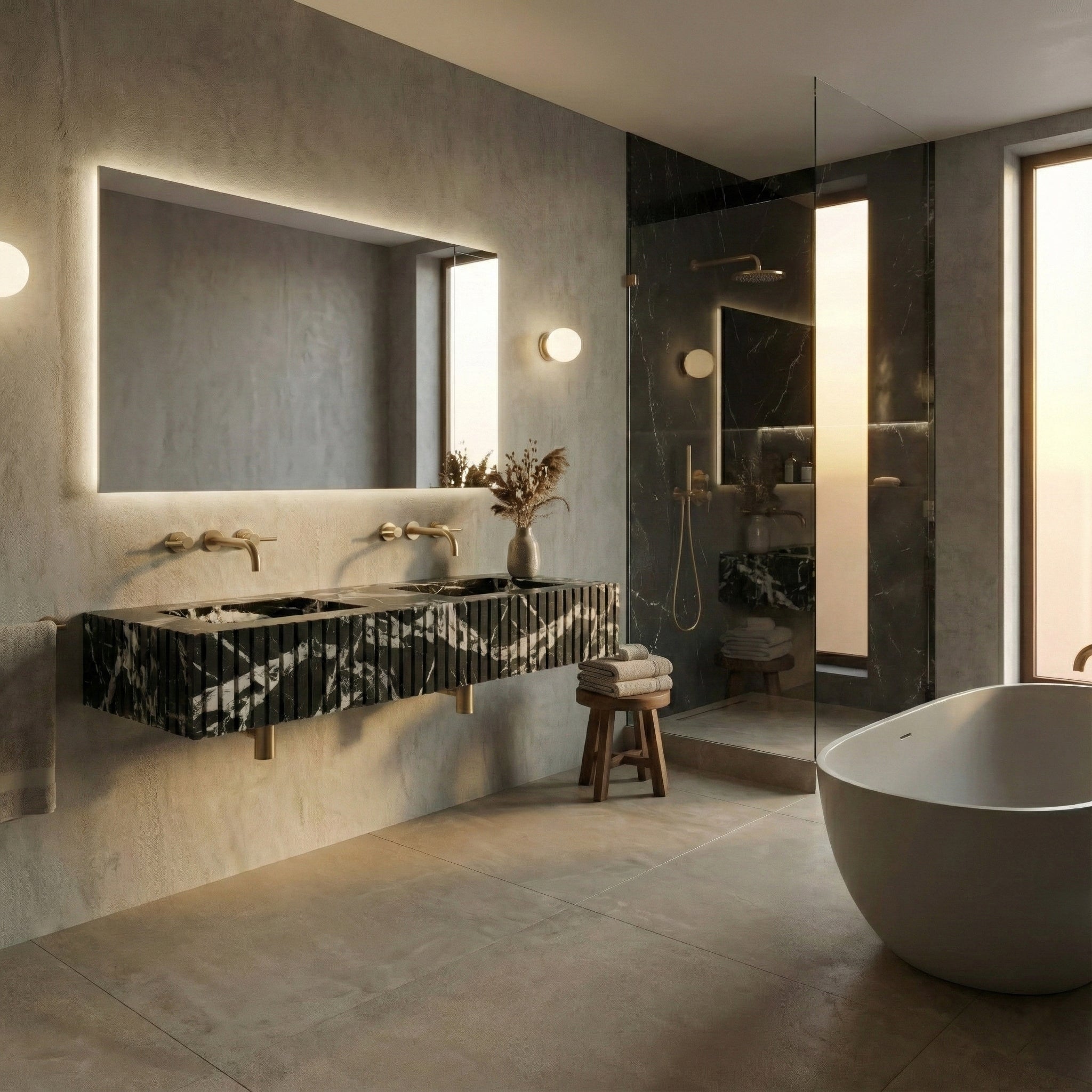 Moody modern bathroom suite featuring a statement Grand Antique marble fluted sink, large backlit mirror, and a walk-in shower with matching dark stone accents.