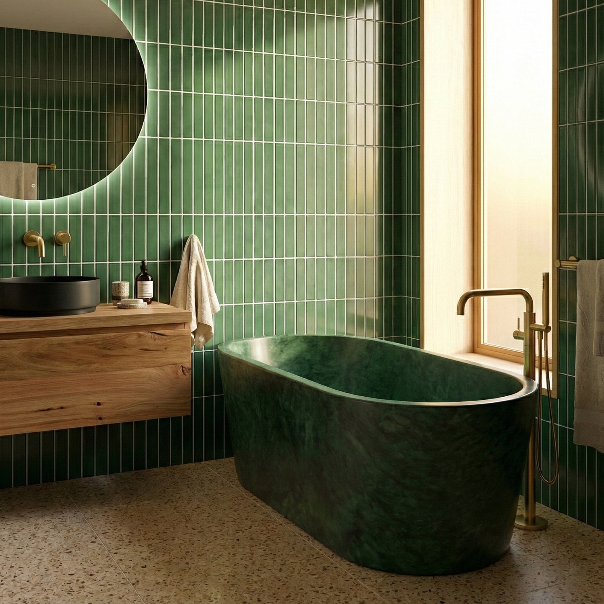 Nature-inspired bathroom design featuring a Green Guatemala marble tub, vertical green subway tiles, terrazzo flooring, and brushed gold fixtures.