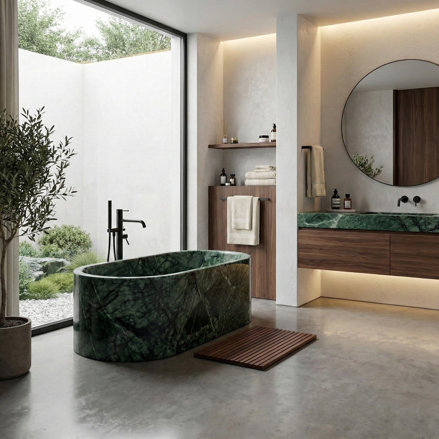 Nature-inspired luxury bathroom design featuring a Green Guatemala marble bathtub, concrete flooring, walnut cabinetry, and a matching green stone vanity top.