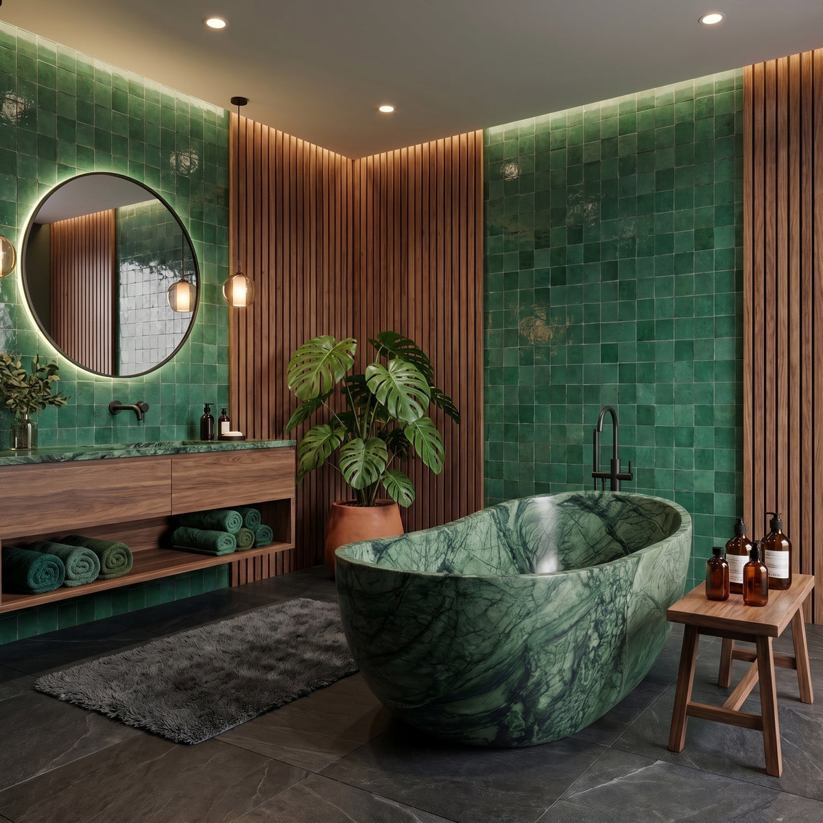 Lush contemporary bathroom sanctuary featuring the freestanding Green Guatemala marble wave bathtub, vibrant emerald zellige wall tiles, vertical wood slat paneling, a floating walnut vanity with a matching green stone top, and a floor-mounted matte black tub filler.