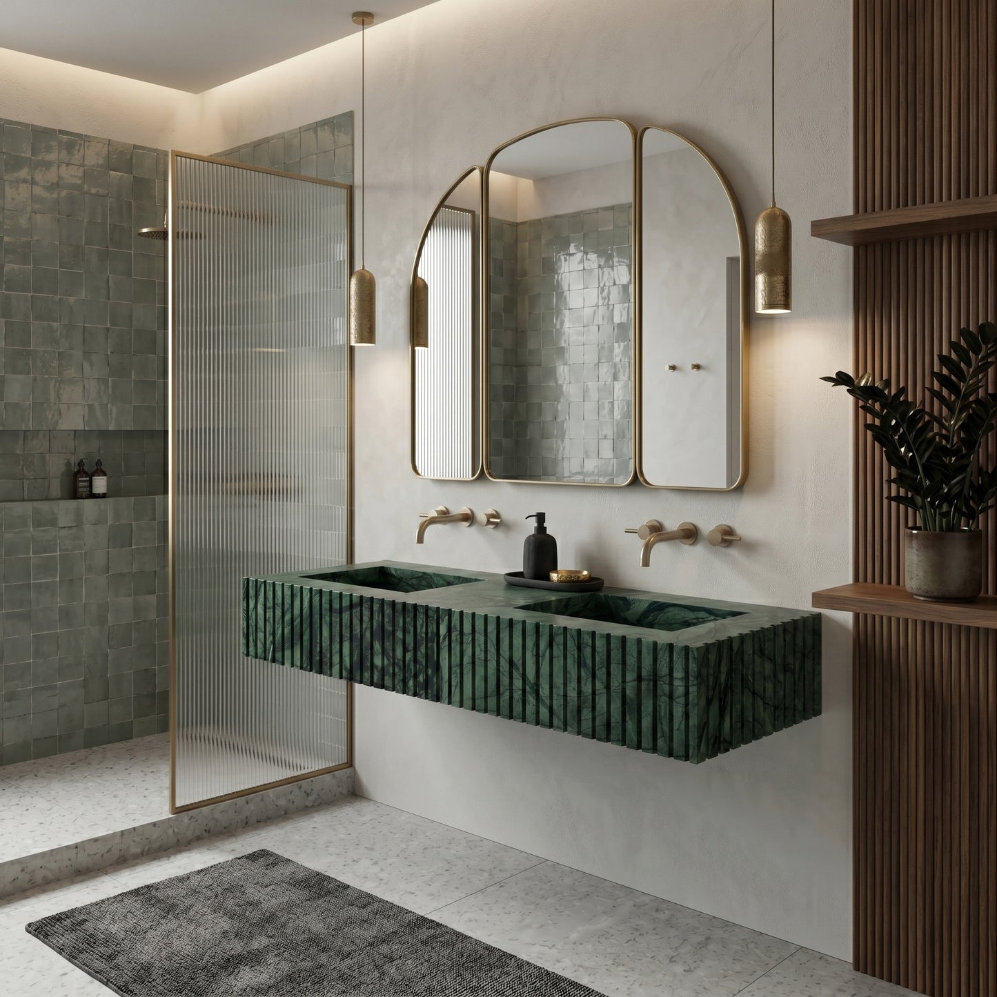 Green Guatemala Marble Double Sink - Fluted