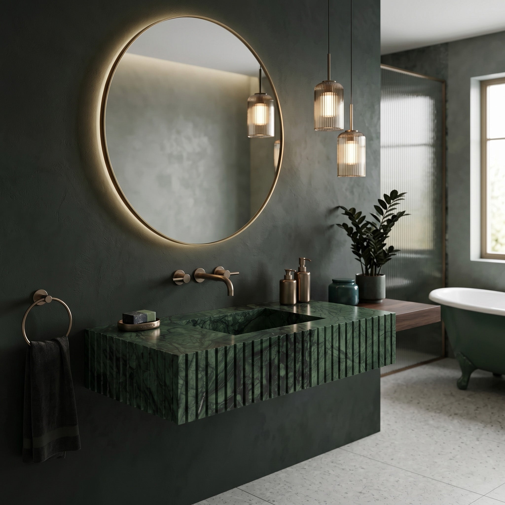 Moody dark green bathroom interior featuring a fluted green marble single sink, a large round backlit mirror, fluted glass pendant lights, a floating wood ledge, and a matching green clawfoot bathtub.