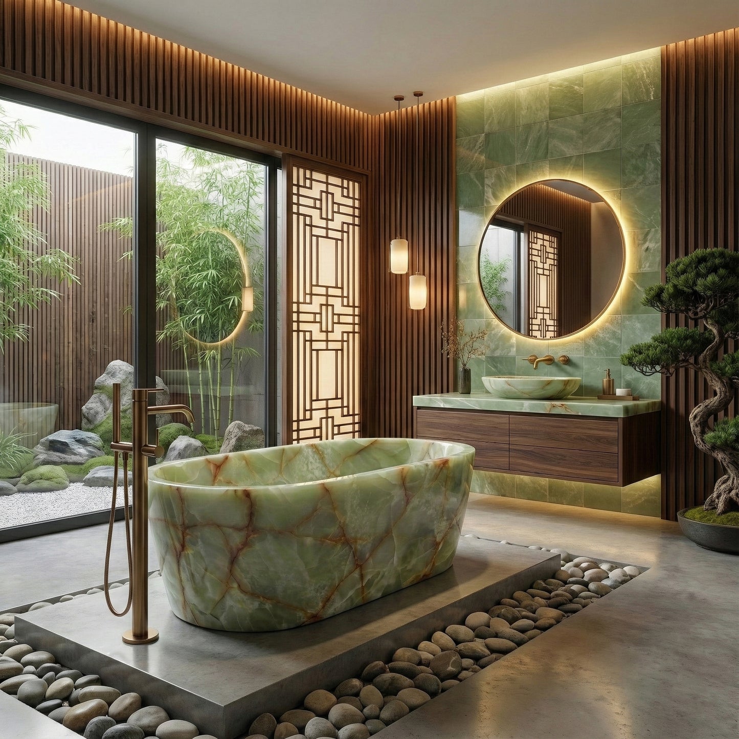Zen-inspired luxury spa bathroom featuring a translucent Green Onyx bathtub, surrounded by natural wood slats, river stones, and a bonsai tree for a tranquil atmosphere.