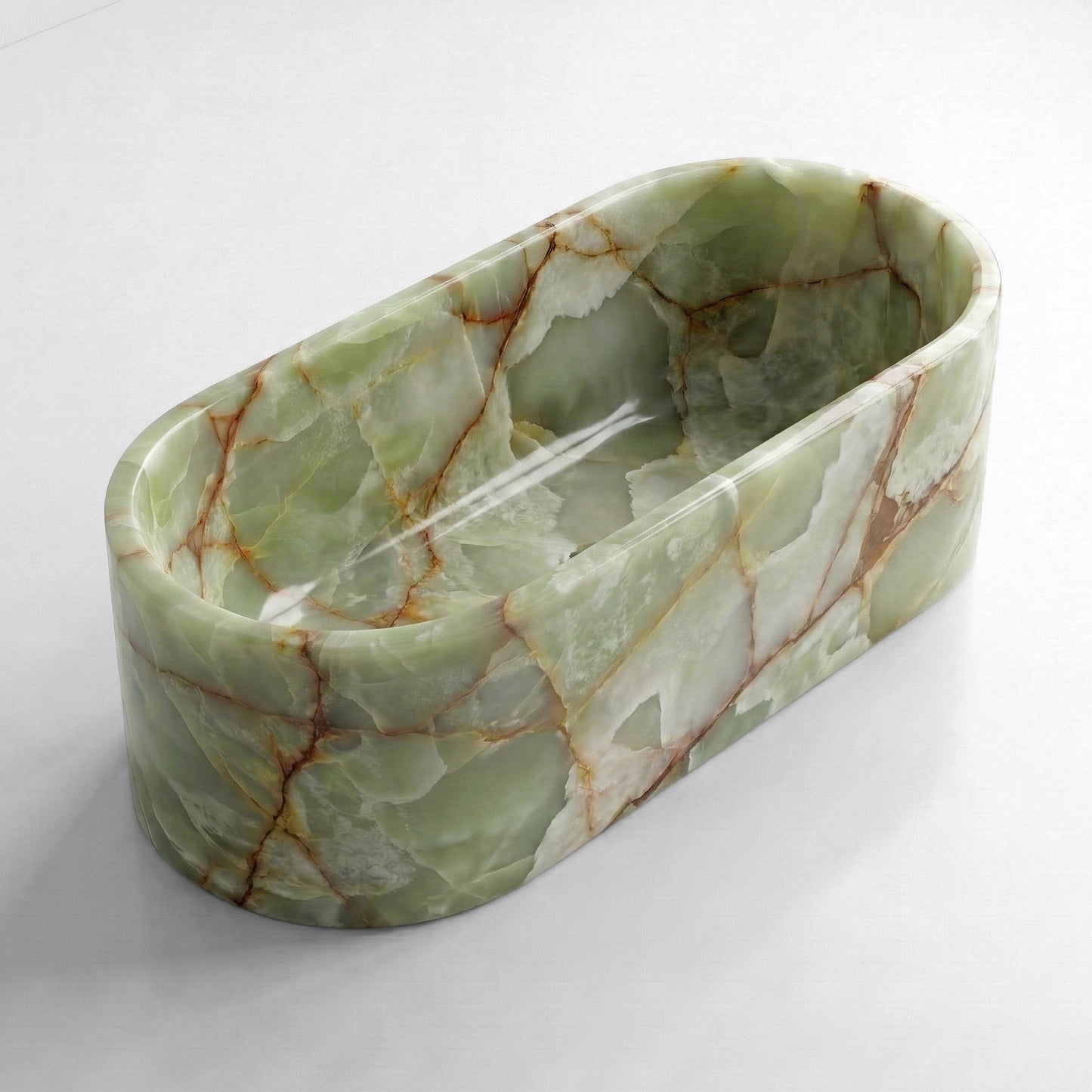 Isometric side view of a translucent Green Onyx bathtub showing its unique crystalline structure and rust-colored veining.