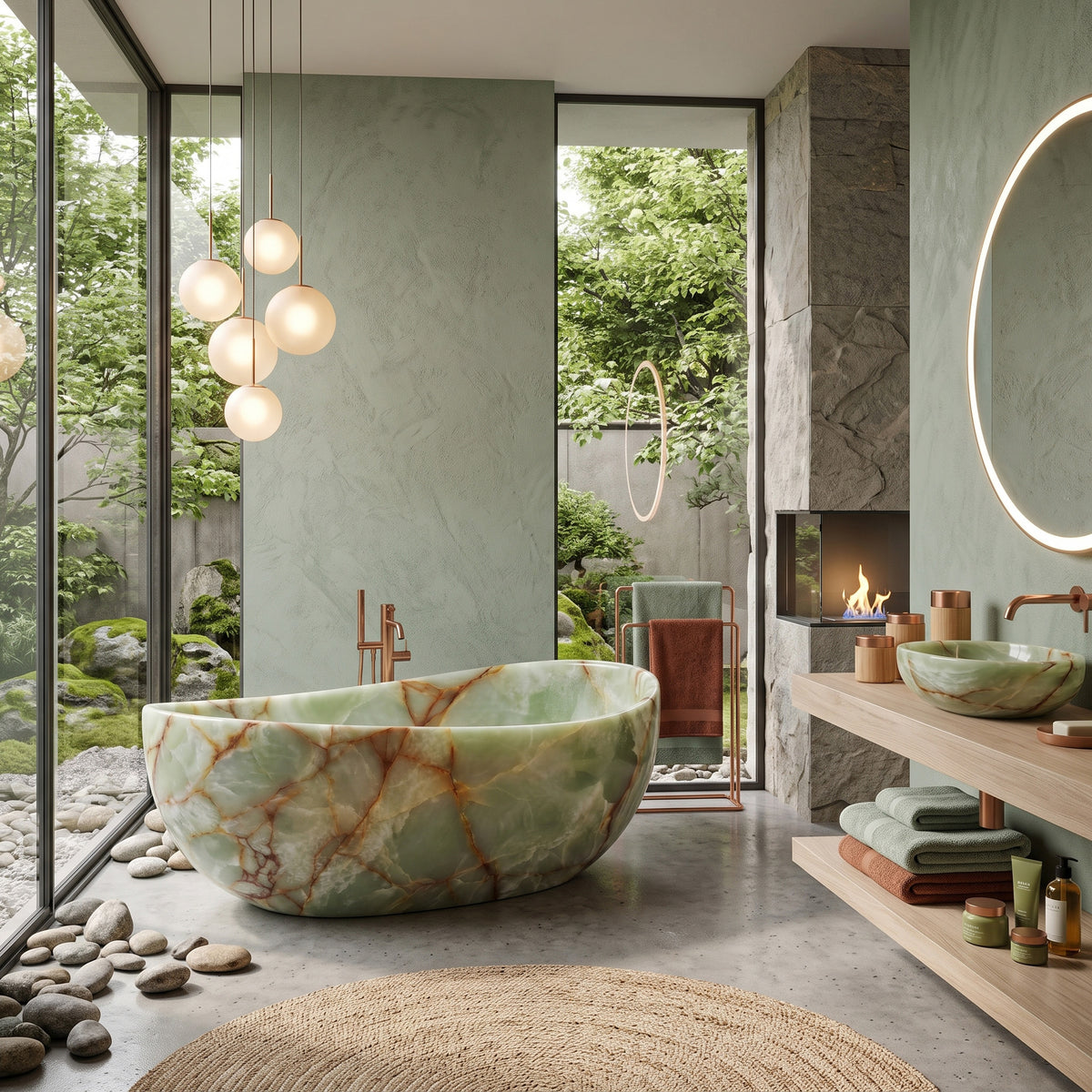 Zen-inspired luxury bathroom sanctuary featuring the freestanding Green Onyx wave bathtub paired with a copper tub filler, globe pendant lights, river rock floor accents, an open stone fireplace, and a matching onyx vessel sink overlooking a garden courtyard.