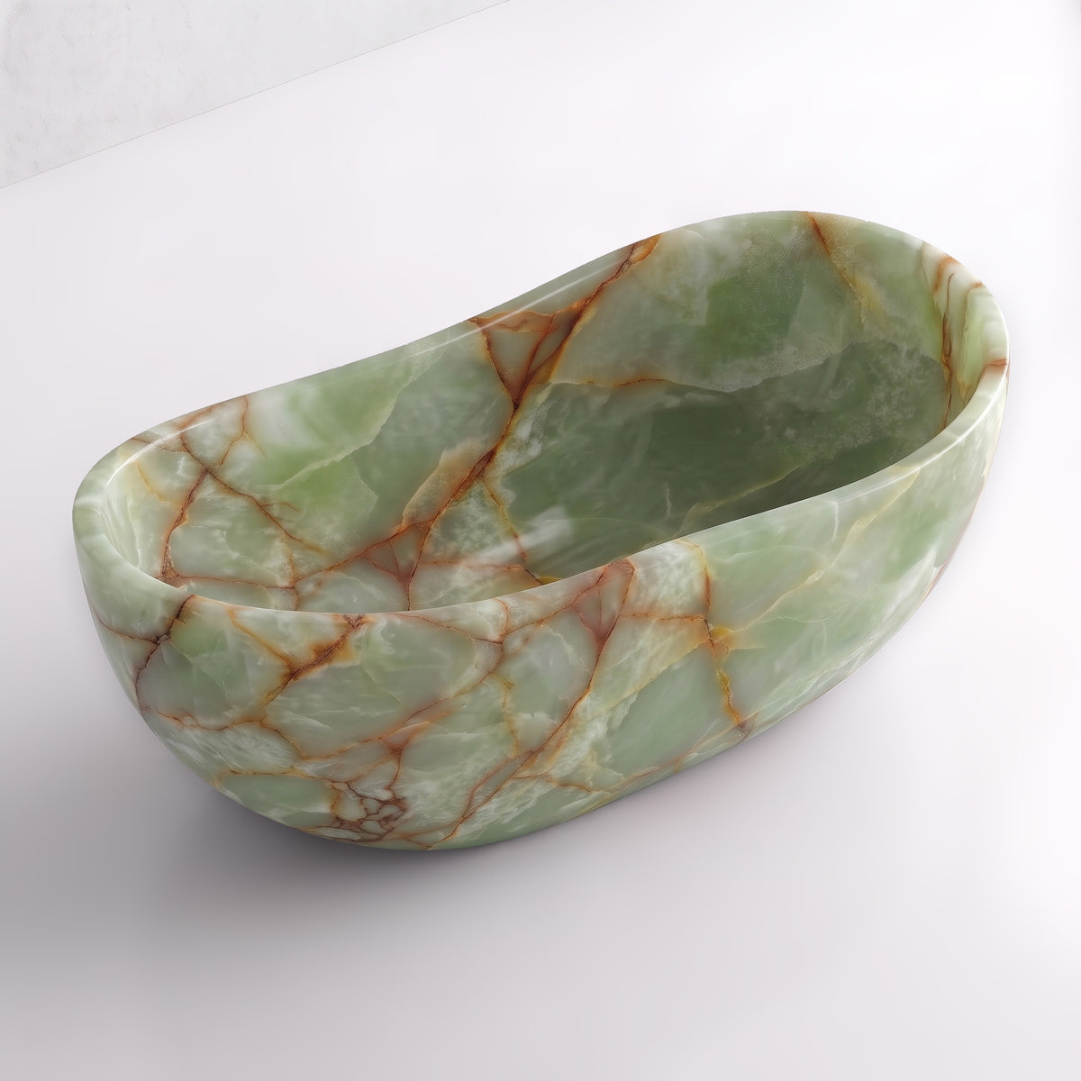 Elevated three-quarter perspective view of the Green Onyx wave soaking tub, highlighting the asymmetrical undulating rim, seamless solid-carved interior, and translucent celadon green mineral clouds fractured by golden-rust veins.