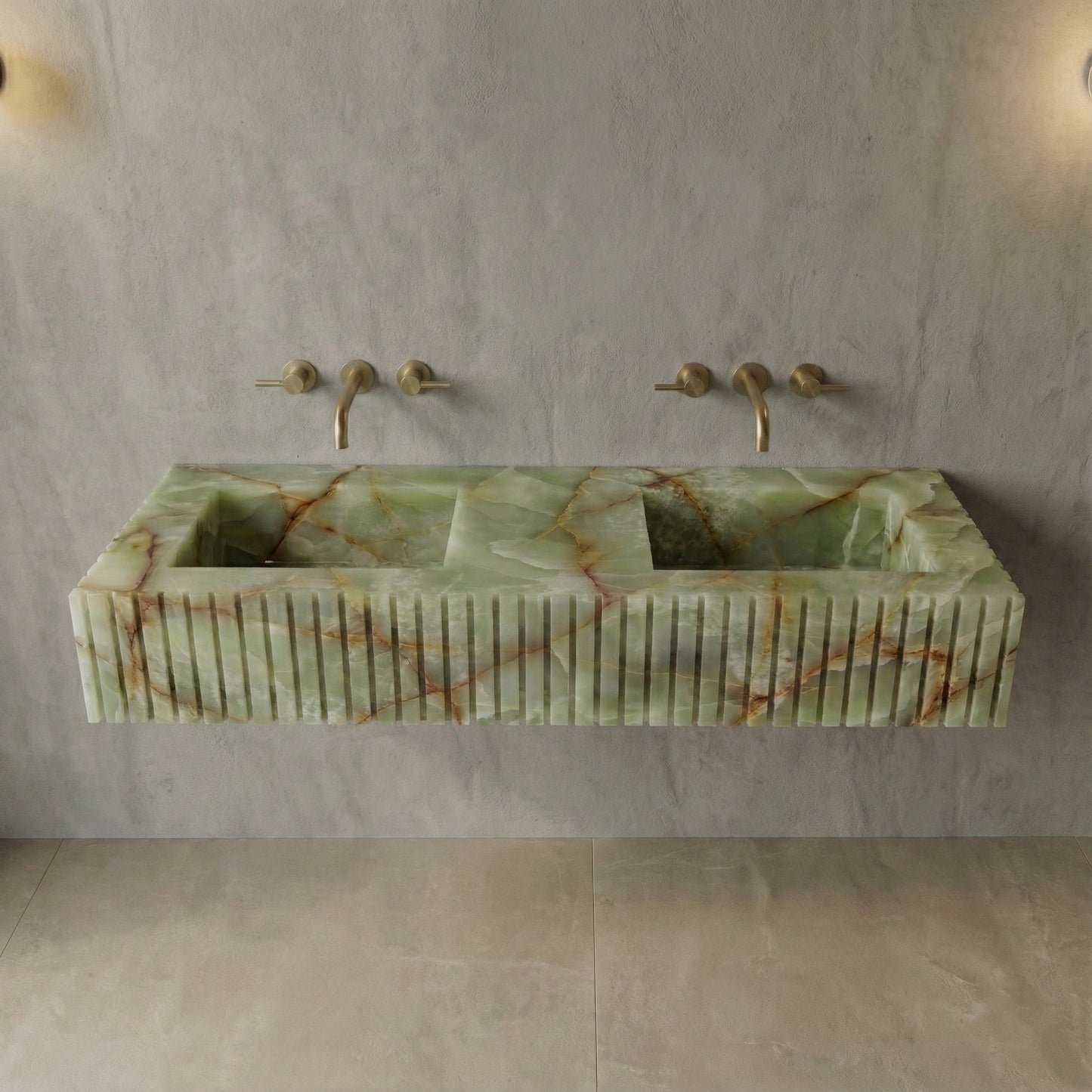 Front profile of a floating Green Onyx gemstone double sink featuring a custom fluted apron and translucent jade green stone with rust veining.