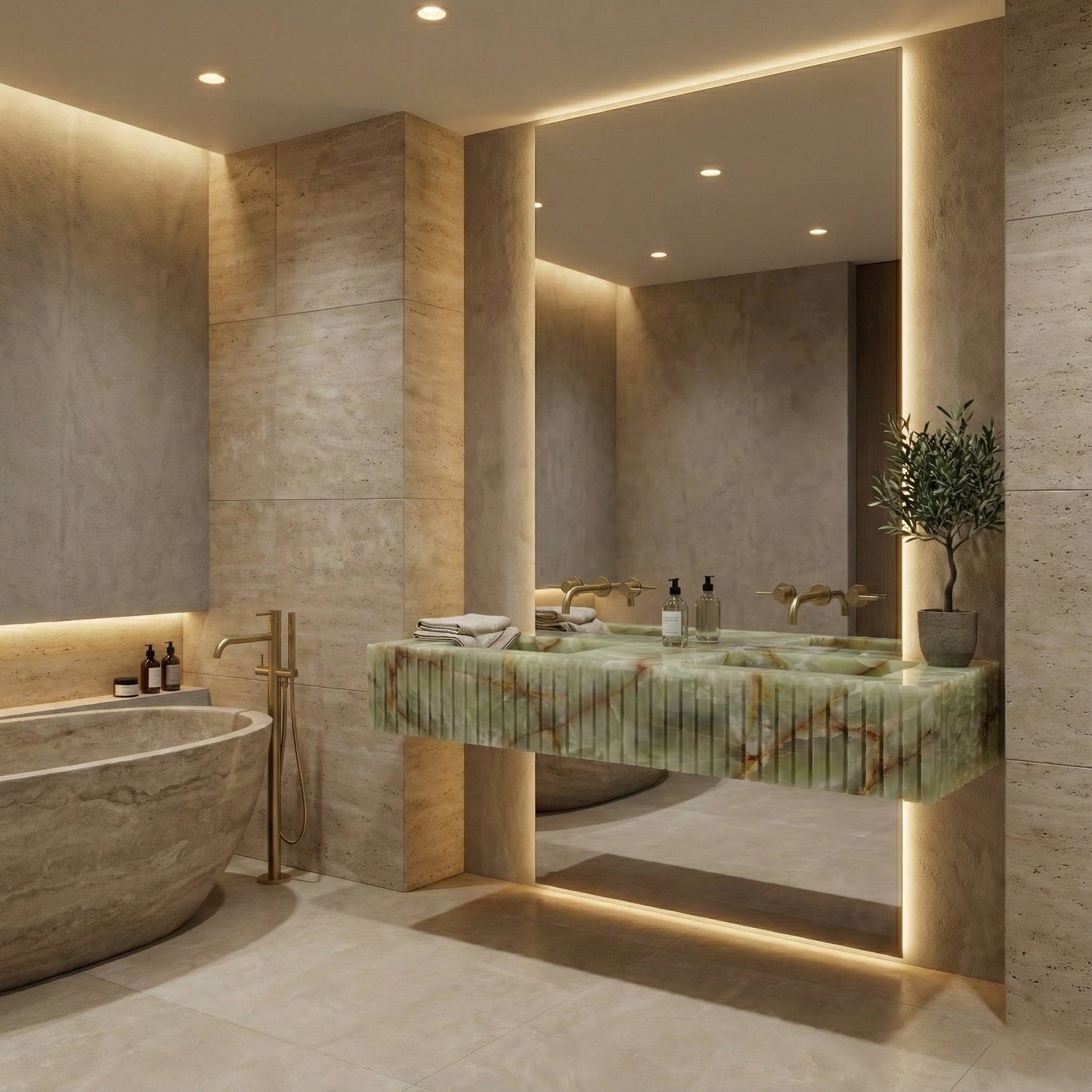 Luxury spa bathroom featuring a statement Green Onyx fluted sink with a large backlit mirror, paired with natural stone walls and warm ambient lighting.