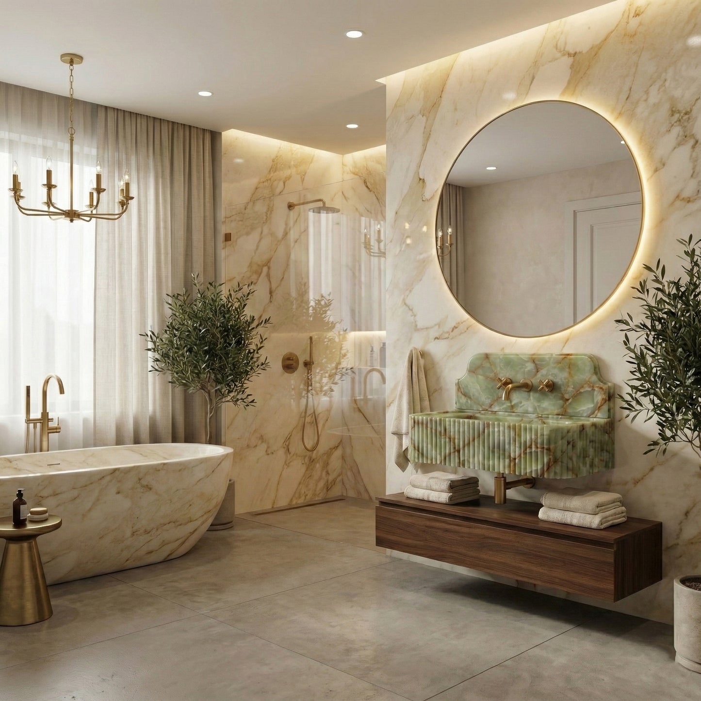 Luxury spa bathroom design centering on a Green Onyx sink with backsplash, paired with a matching stone wall, backlit mirror, and walnut vanity.