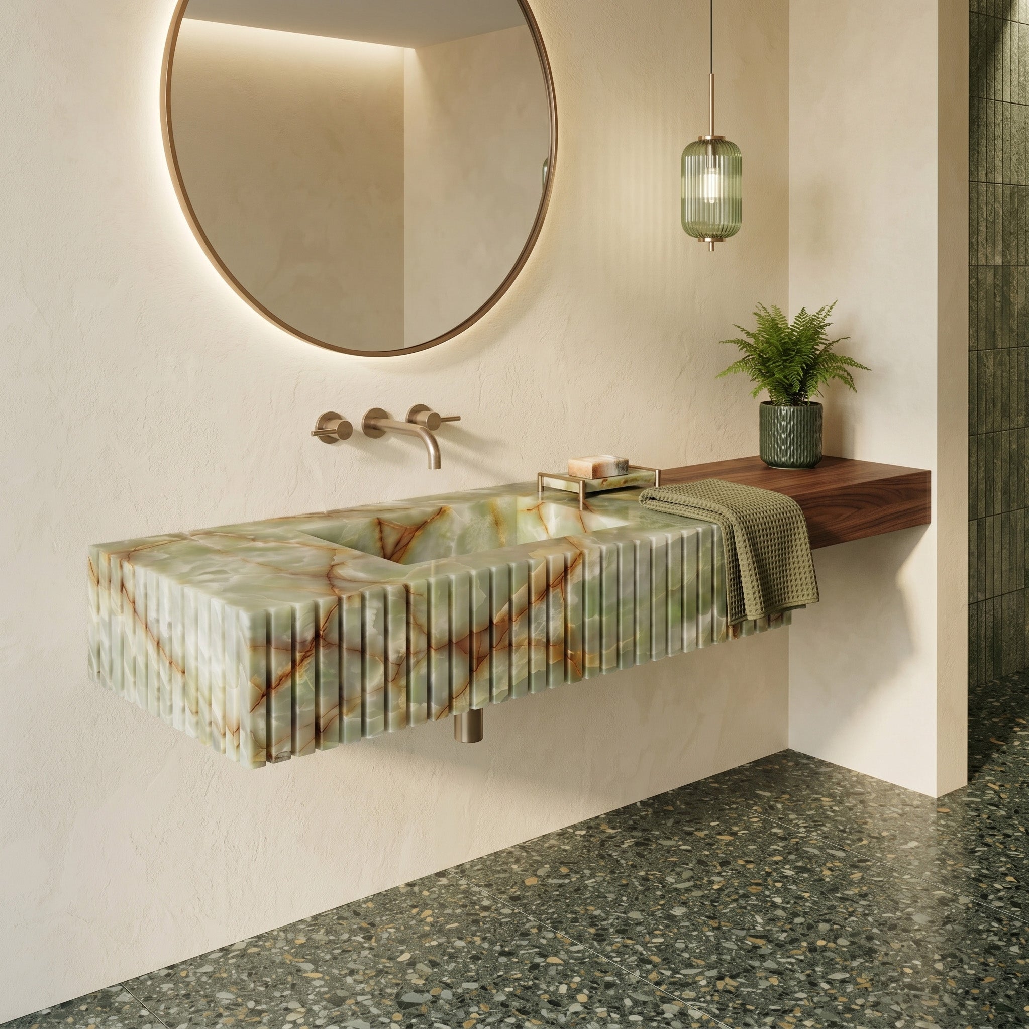 Warm minimalist bathroom interior featuring a fluted green onyx single sink integrated with a floating walnut wood shelf, a round brass mirror, a fluted green glass pendant light, and dark terrestrial terrazzo floor tiles.
