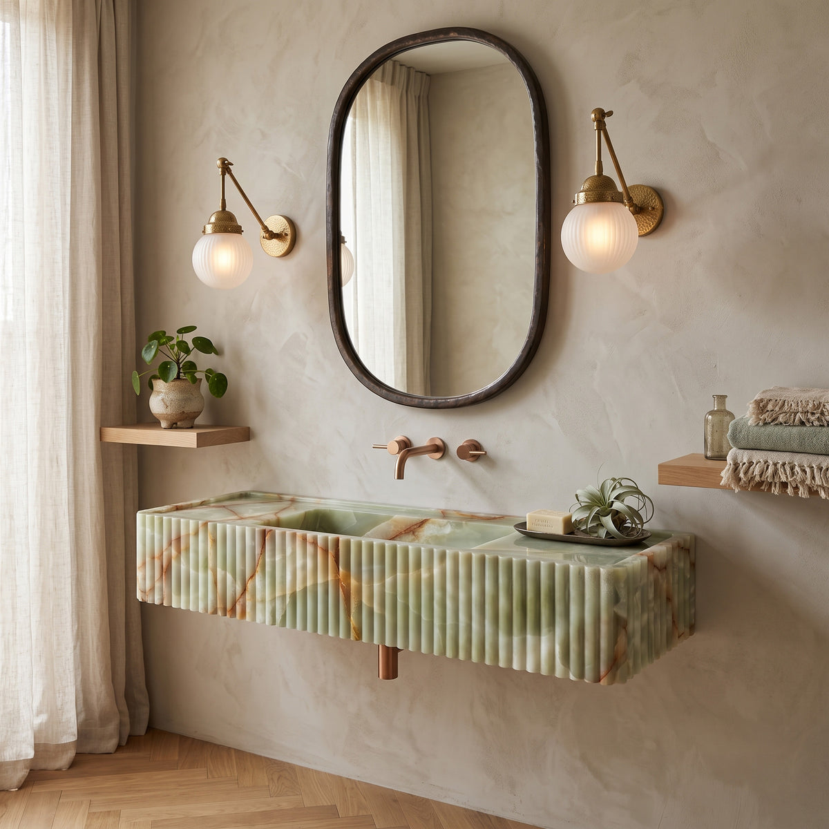 Warm serene bathroom interior featuring the floating Green Onyx fluted stone sink paired with an oval bronze mirror, brass globe sconces, lime-wash plaster walls, and herringbone timber flooring.