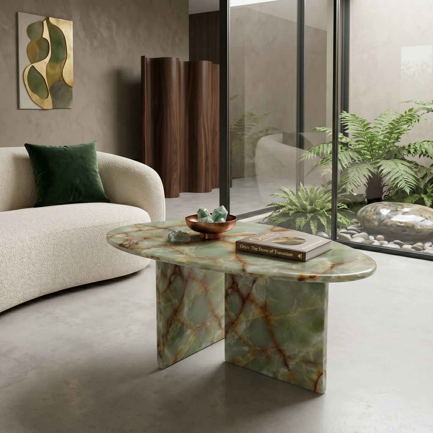Luxury living room interior showcasing an organic pebble-shaped green onyx coffee table as a centerpiece, styled alongside a contemporary curved sofa and modern decor.