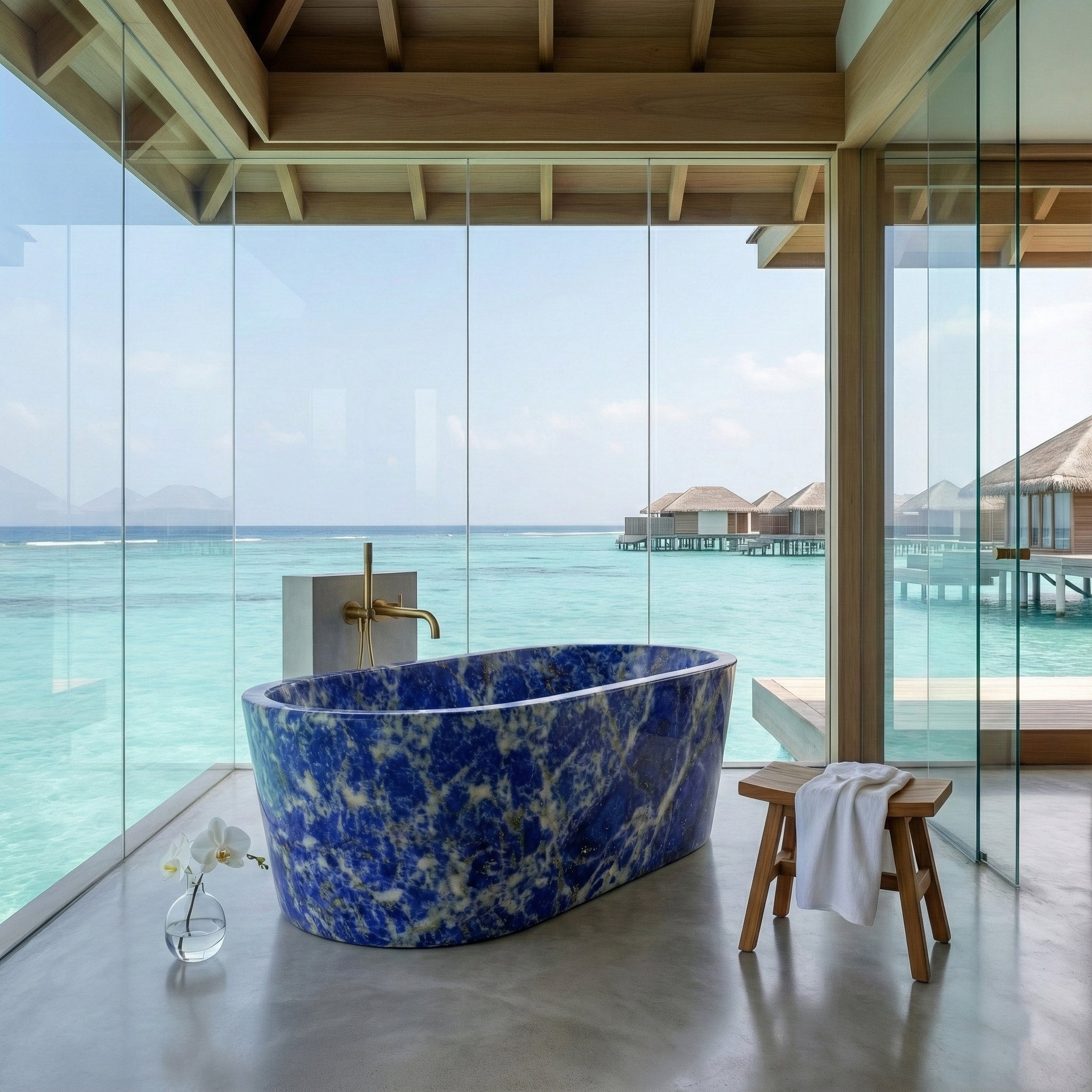 Luxury oceanfront bathroom suite featuring a Lapis Lazuli semi-precious stone bathtub, floor-to-ceiling glass walls with turquoise water views, and natural wood accents.