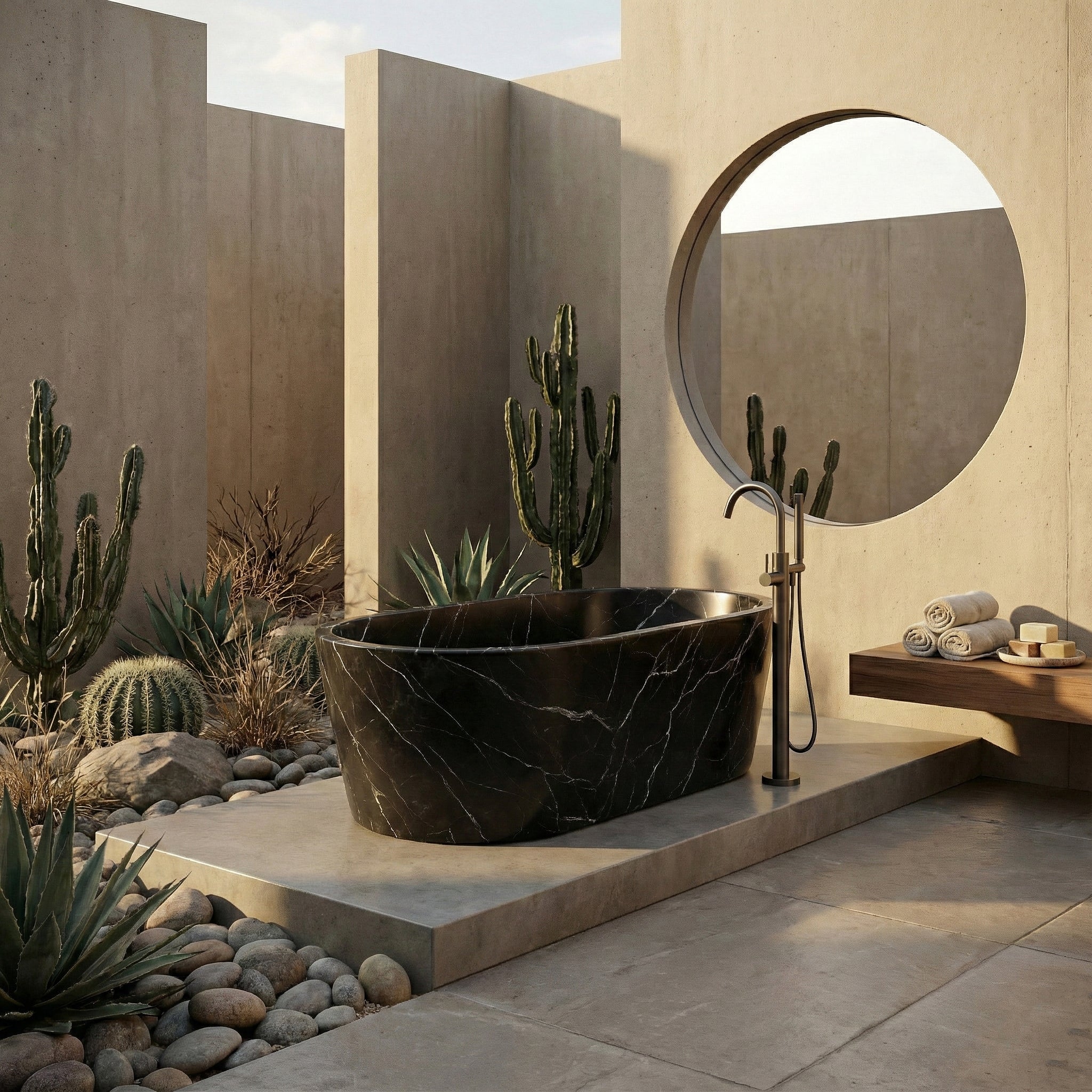 Modern desert-inspired bathroom featuring a black Nero Marquina marble bathtub, concrete architecture, cactus garden, and bronze floor-mounted filler.