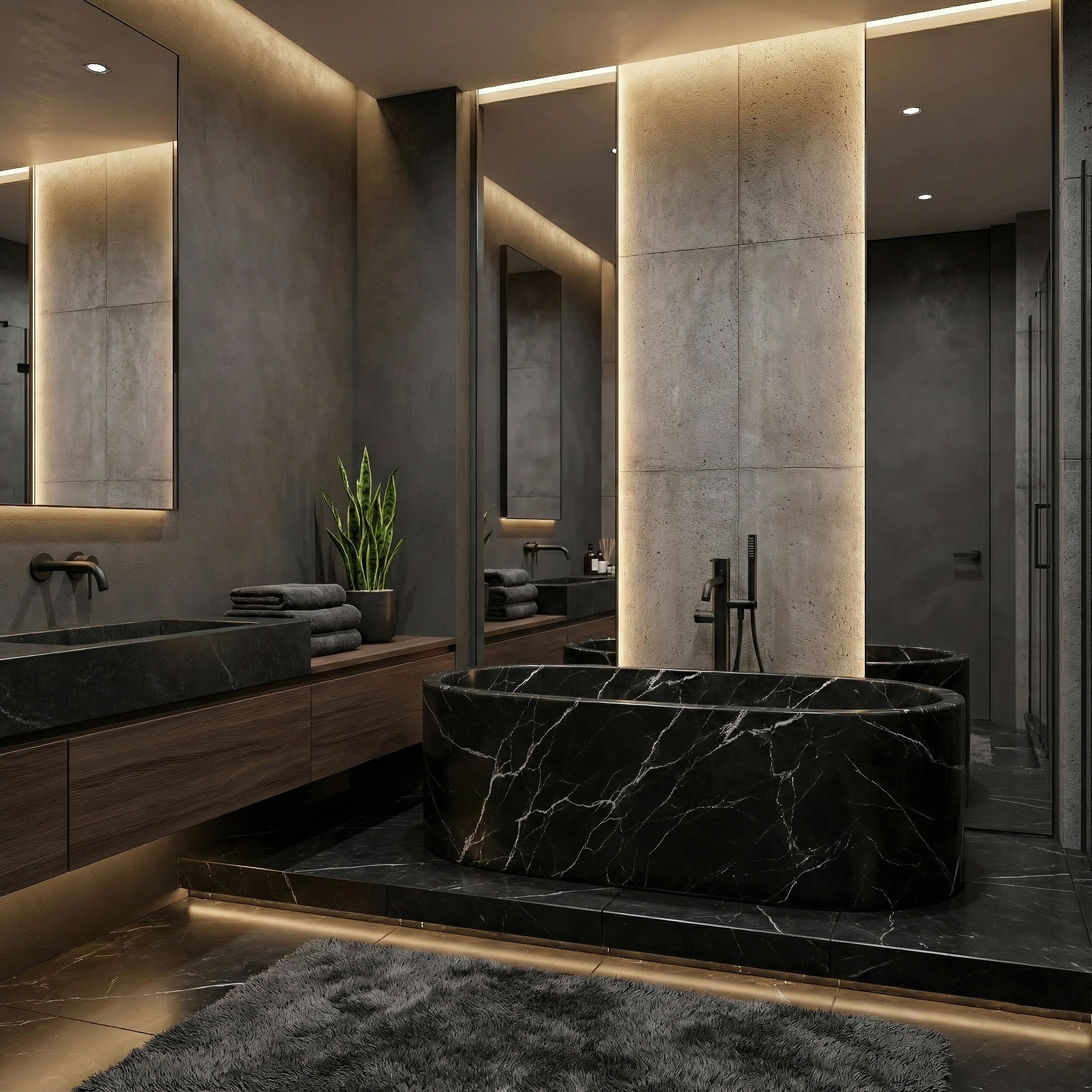 Dark, moody luxury bathroom featuring a statement Nero Marquina marble bathtub, ambient vertical backlighting, and dark stone flooring for a masculine aesthetic.