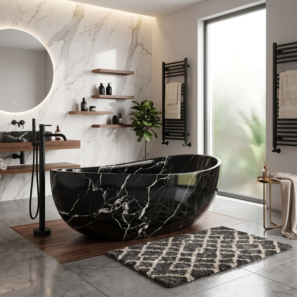 Modern luxury master bathroom featuring the freestanding Nero Marquina marble wave bathtub on a rich wood floor insert, paired with a floor-mounted matte black tub filler, white marble wall cladding, floating timber shelving, and a large round backlit mirror.