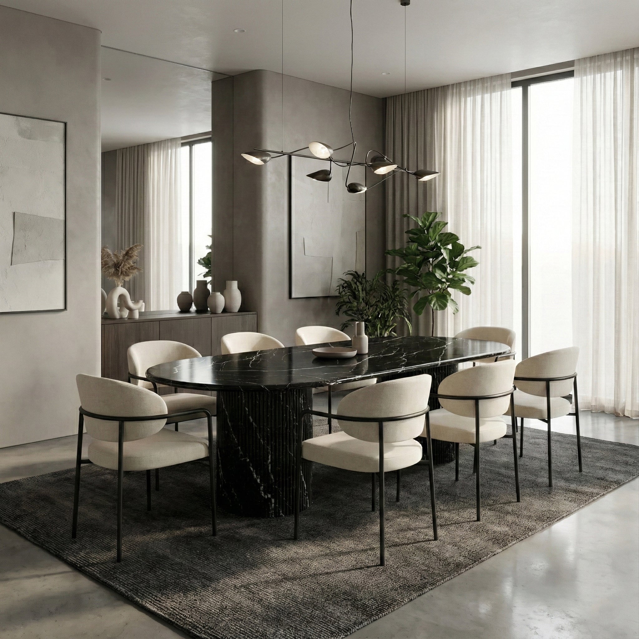 Modern luxury dining room featuring a statement Nero Marquina marble oval table, paired with light cream dining chairs and a sculptural chandelier for high contrast.