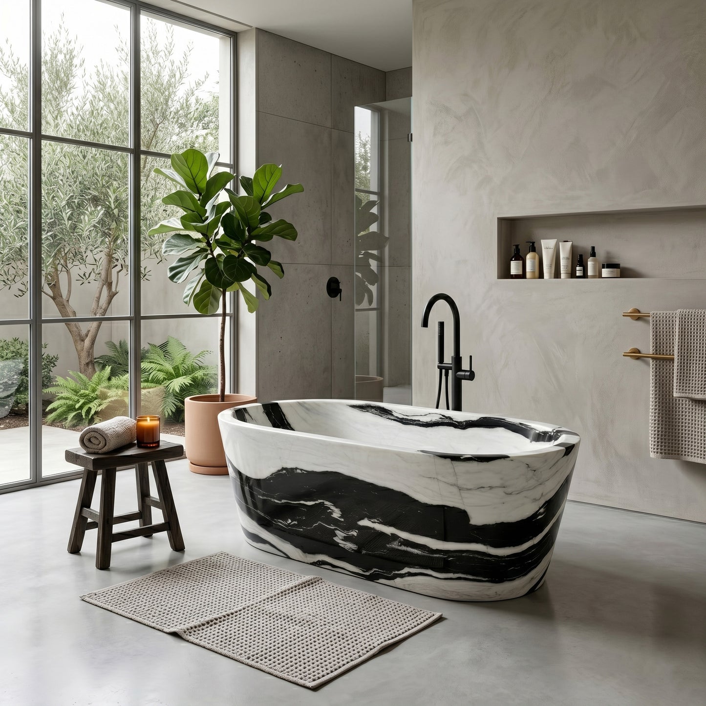 Luxury freestanding Panda White marble bathtub with a minimalist pill-shaped design in a modern bathroom featuring floor-to-ceiling windows and concrete walls.