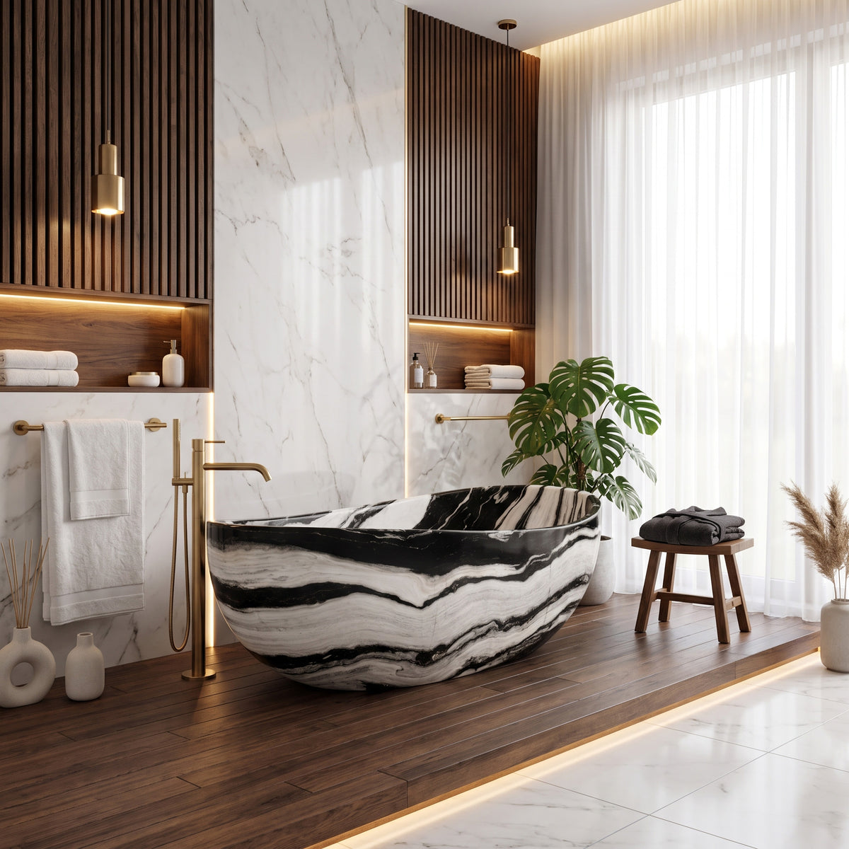 Luxury bathroom sanctuary featuring the freestanding Panda White wave bathtub set on a dark wood platform, paired with a floor-mounted brushed gold tub filler, vertical wood slat wall panels, white marble wall tiles, golden pendant lights, a potted monstera plant, and a small dark wood bench.